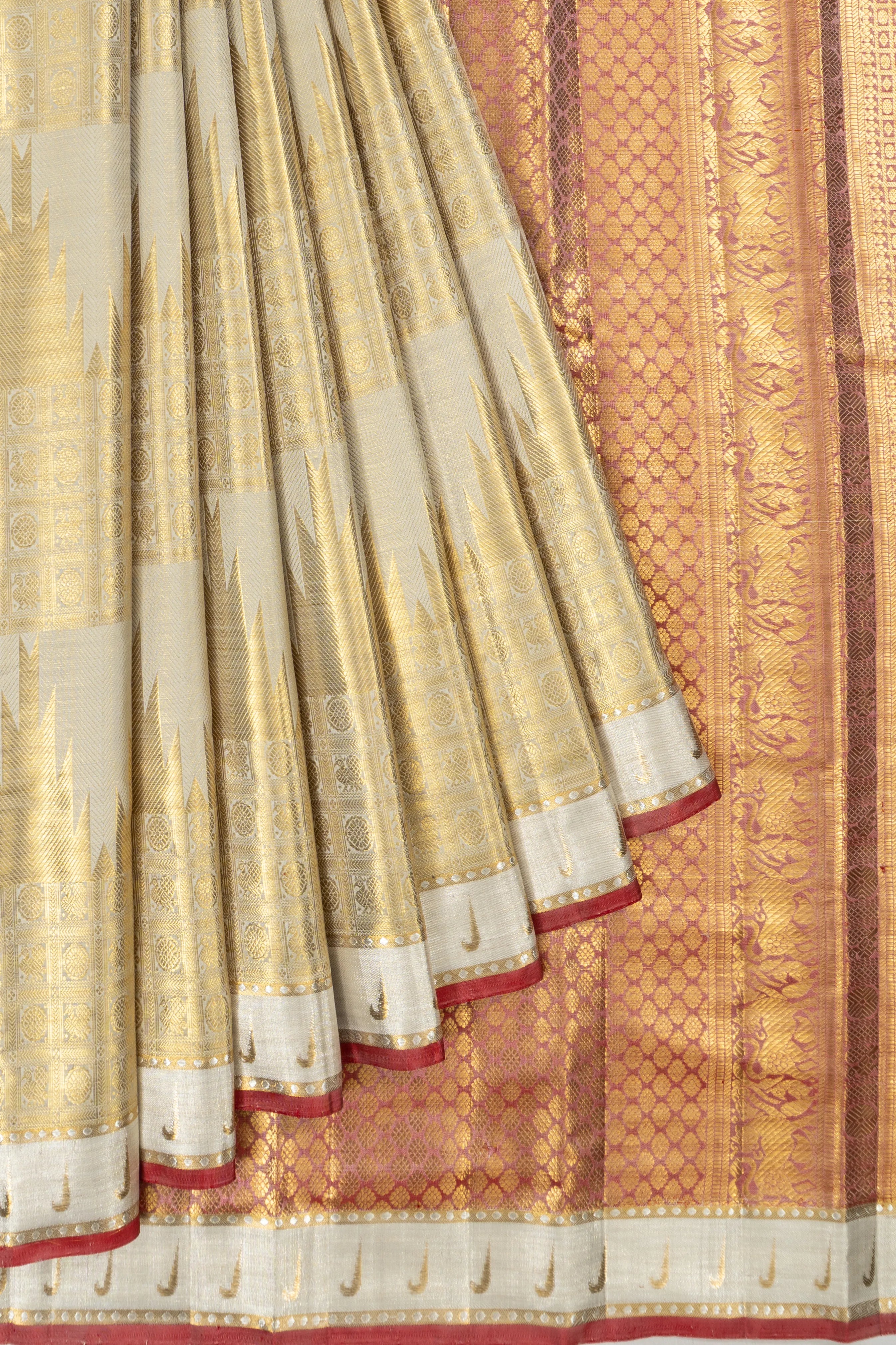 Kanchipuram Silk Tissue Temple Brocade Off White Saree