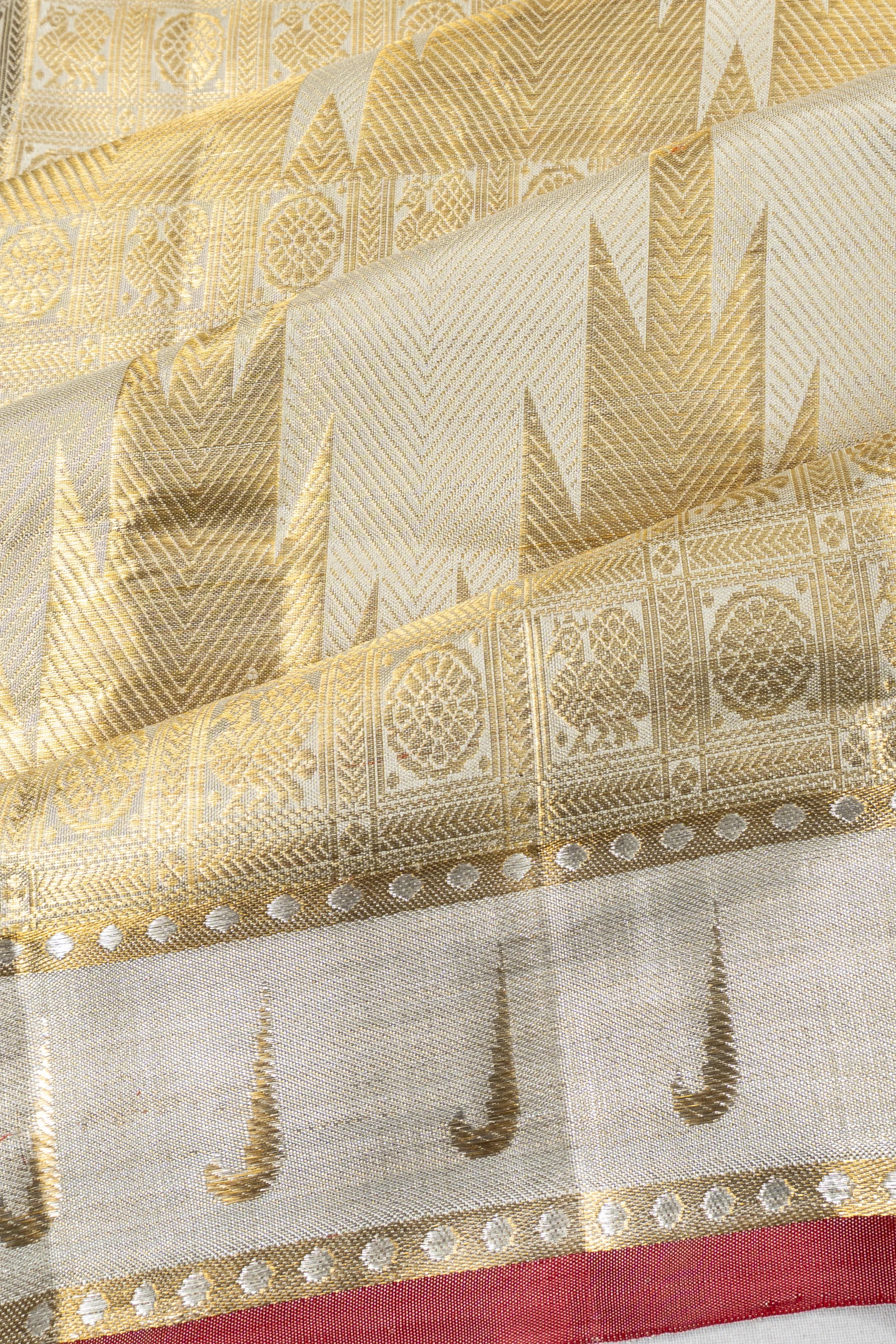 Kanchipuram Silk Tissue Temple Brocade Off White Saree