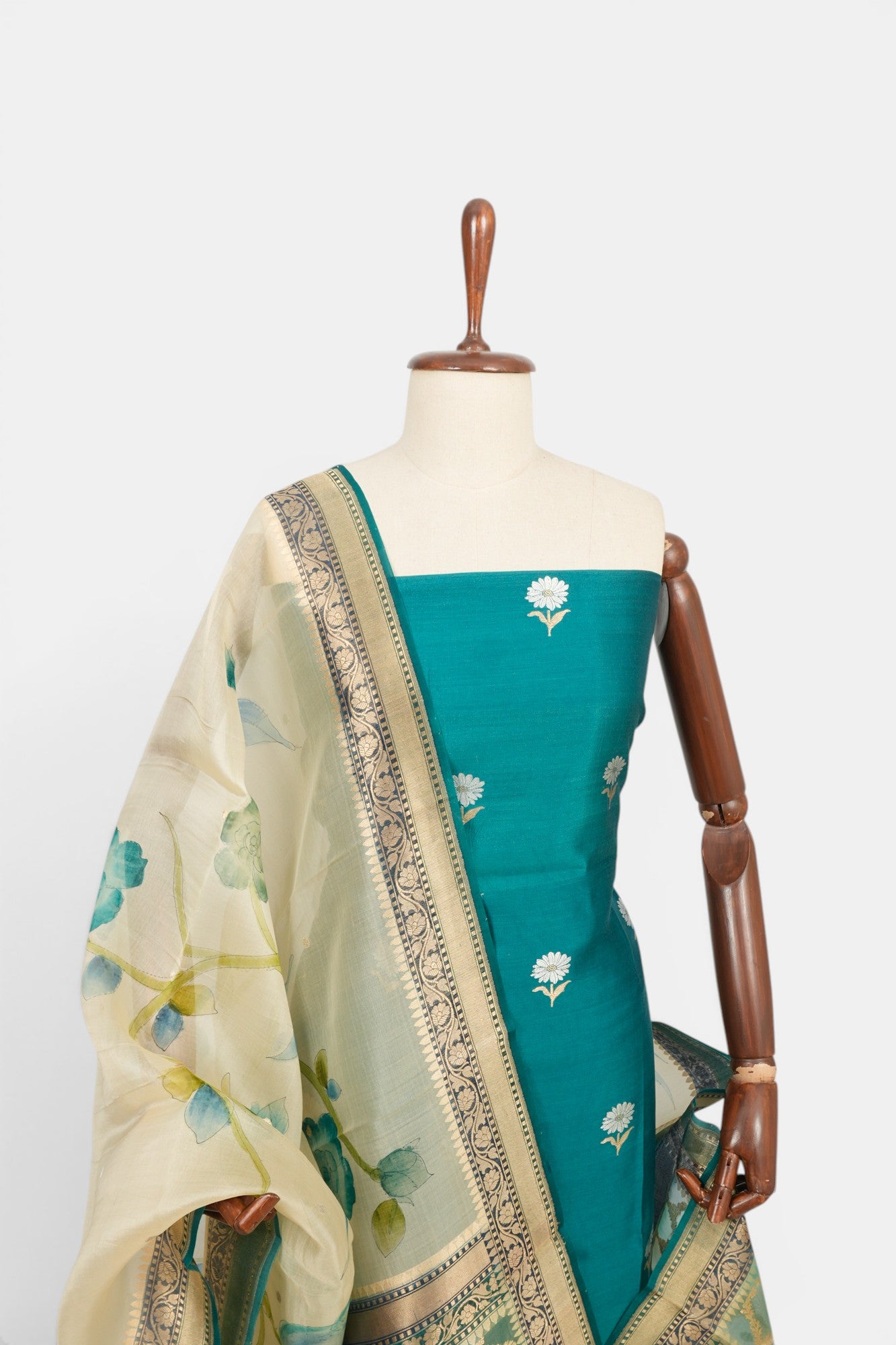 Banarasi Silk Butta Blue Salwar Suit Set With Organza Dupatta