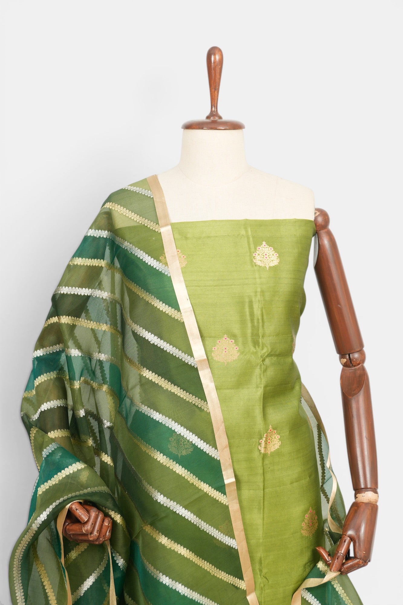 Banarasi Silk Butta Green Salwar Suit Set With Organza Dupatta