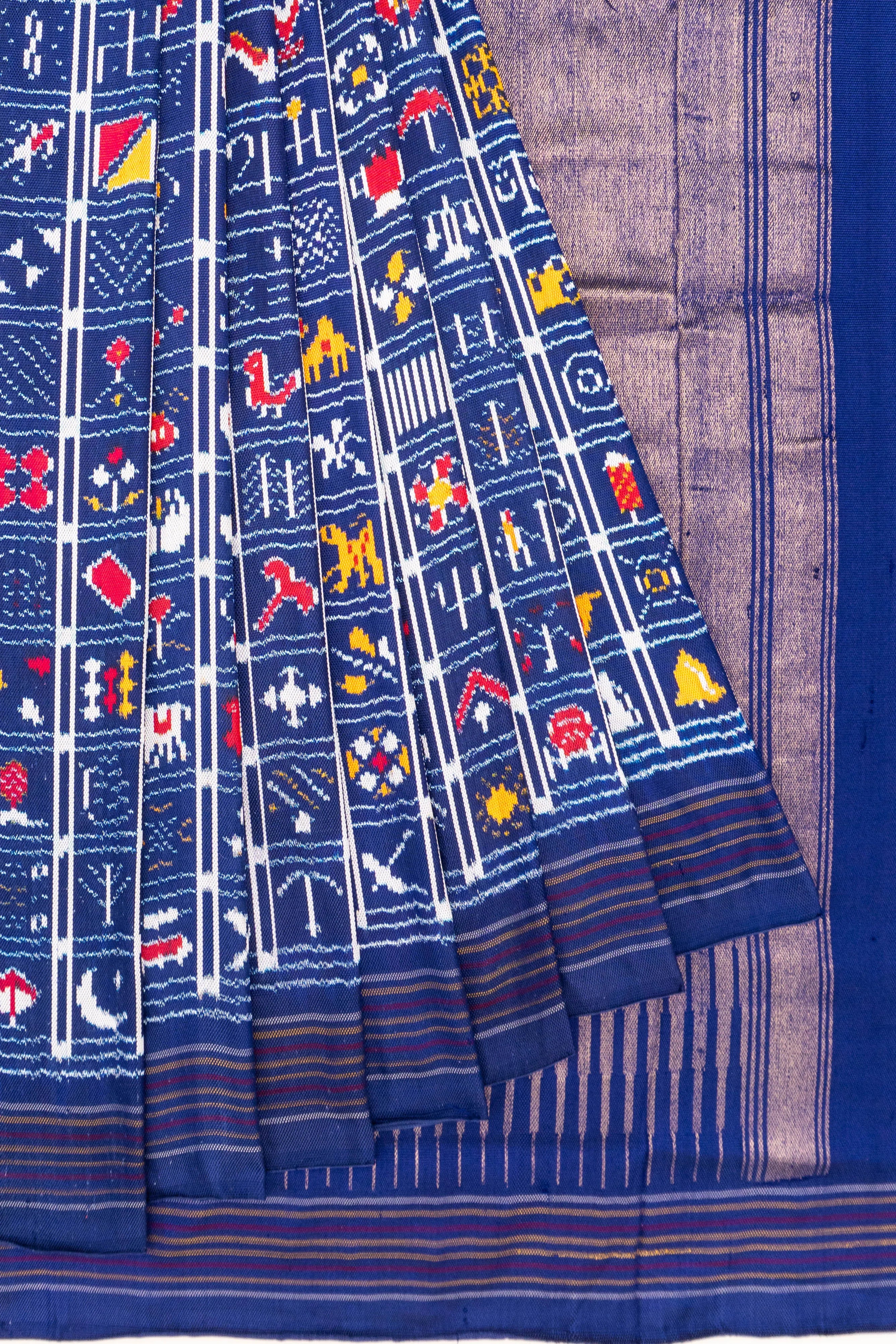 Pochampally Silk Twill Ikat Butta Blue Saree With 384 Unique Motifs