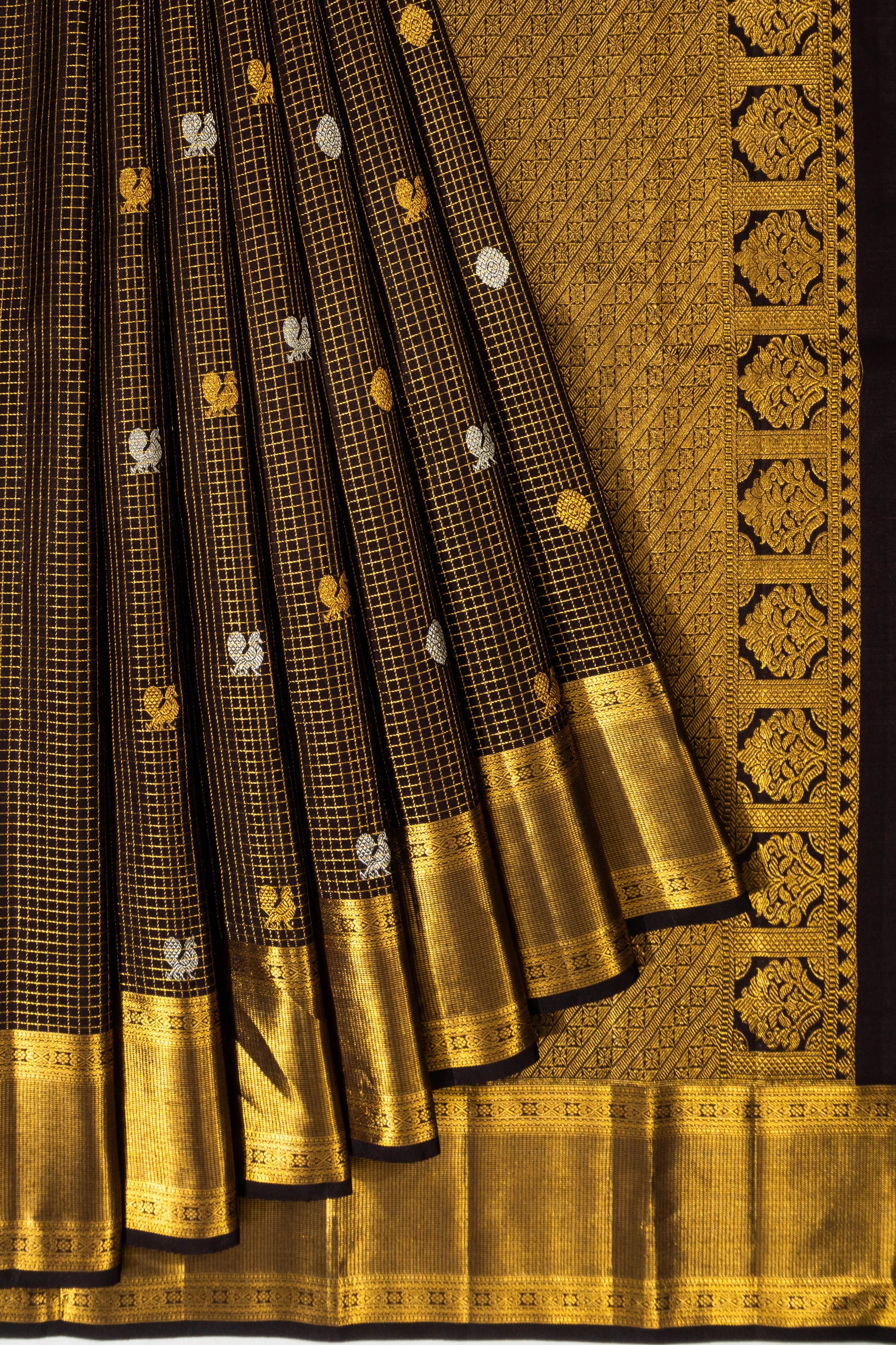 Kanchipuram Silk Checks And Butta Black Saree