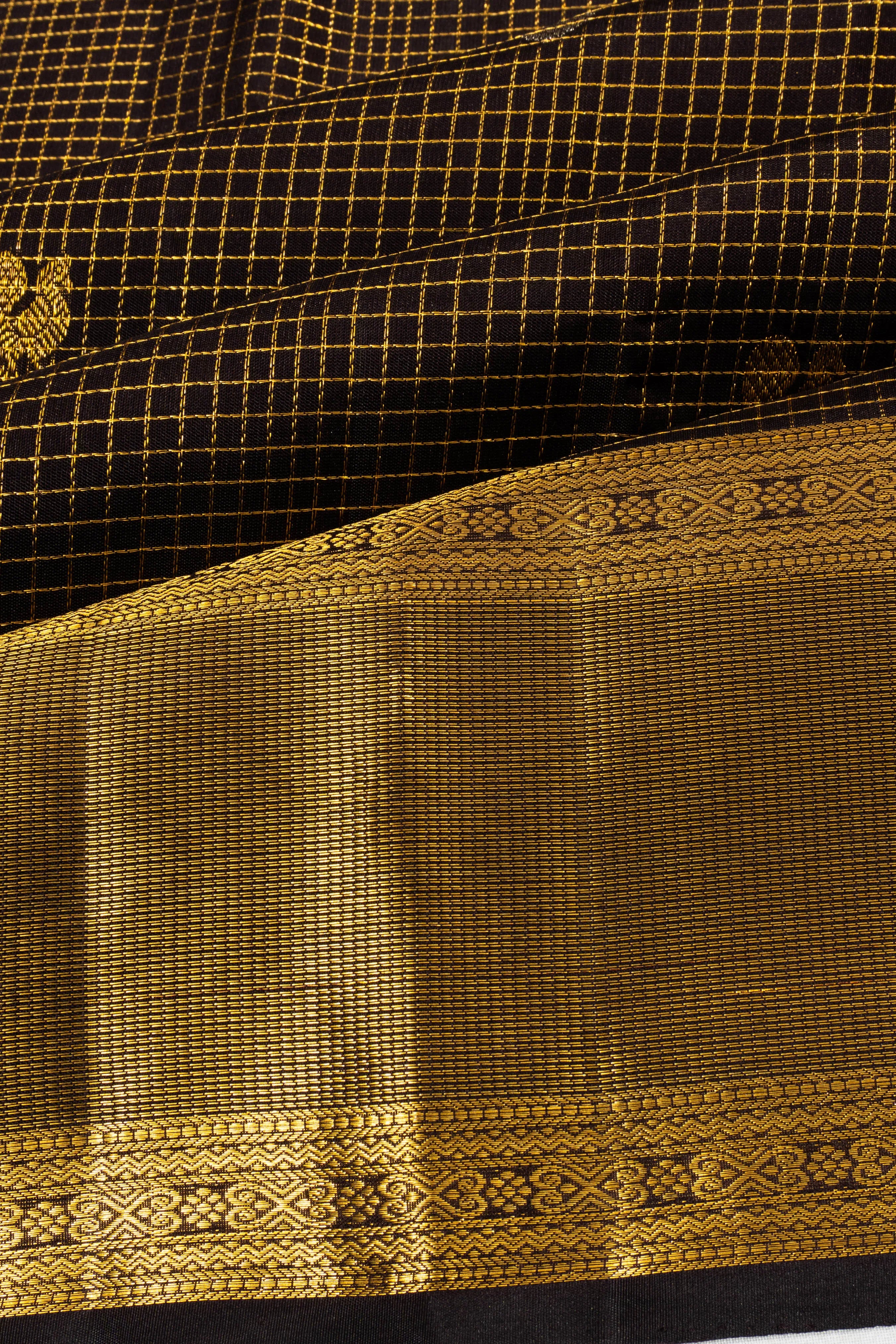 Kanchipuram Silk Checks And Butta Black Saree