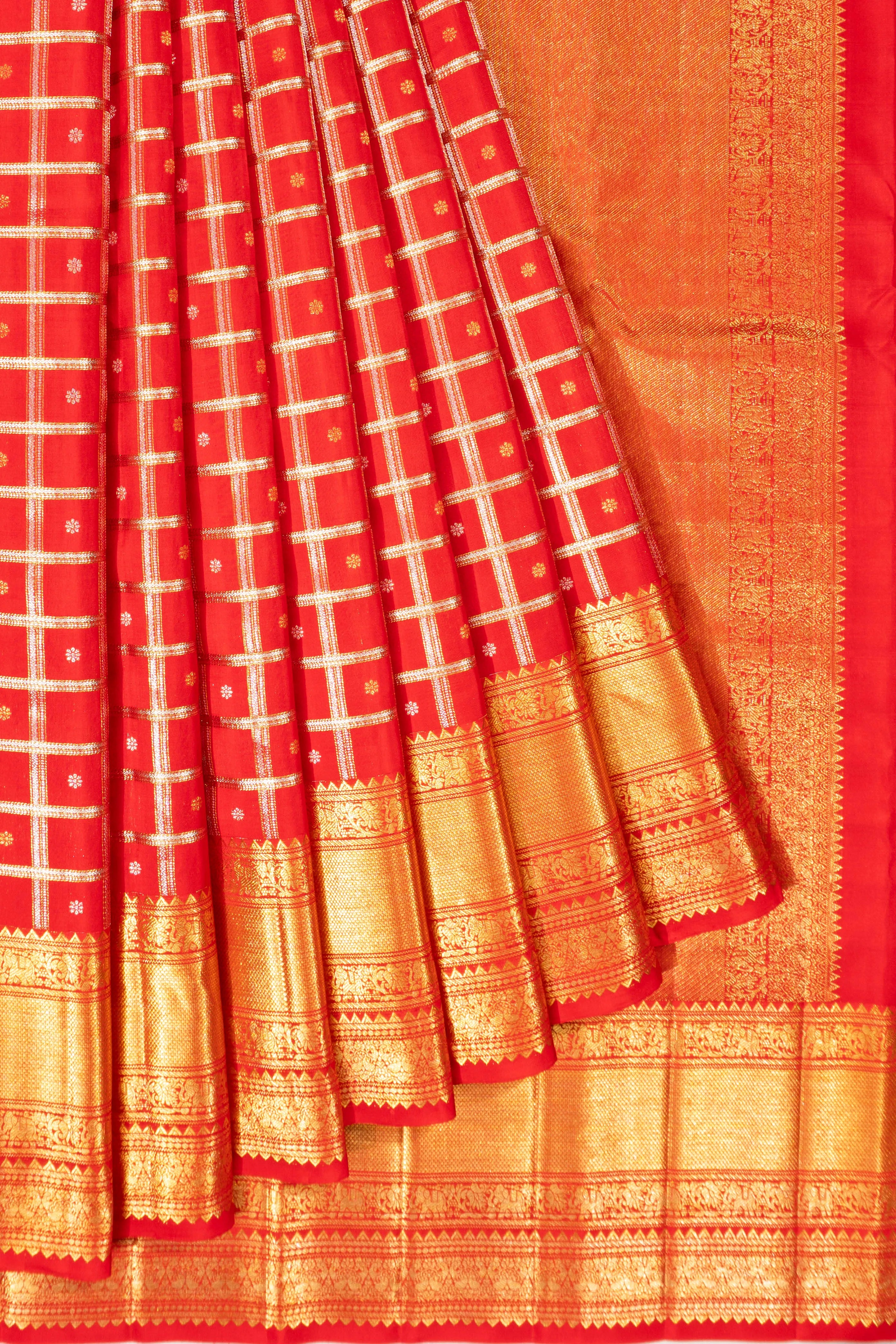 Kanchipuram Silk Checks And Butta Red Saree