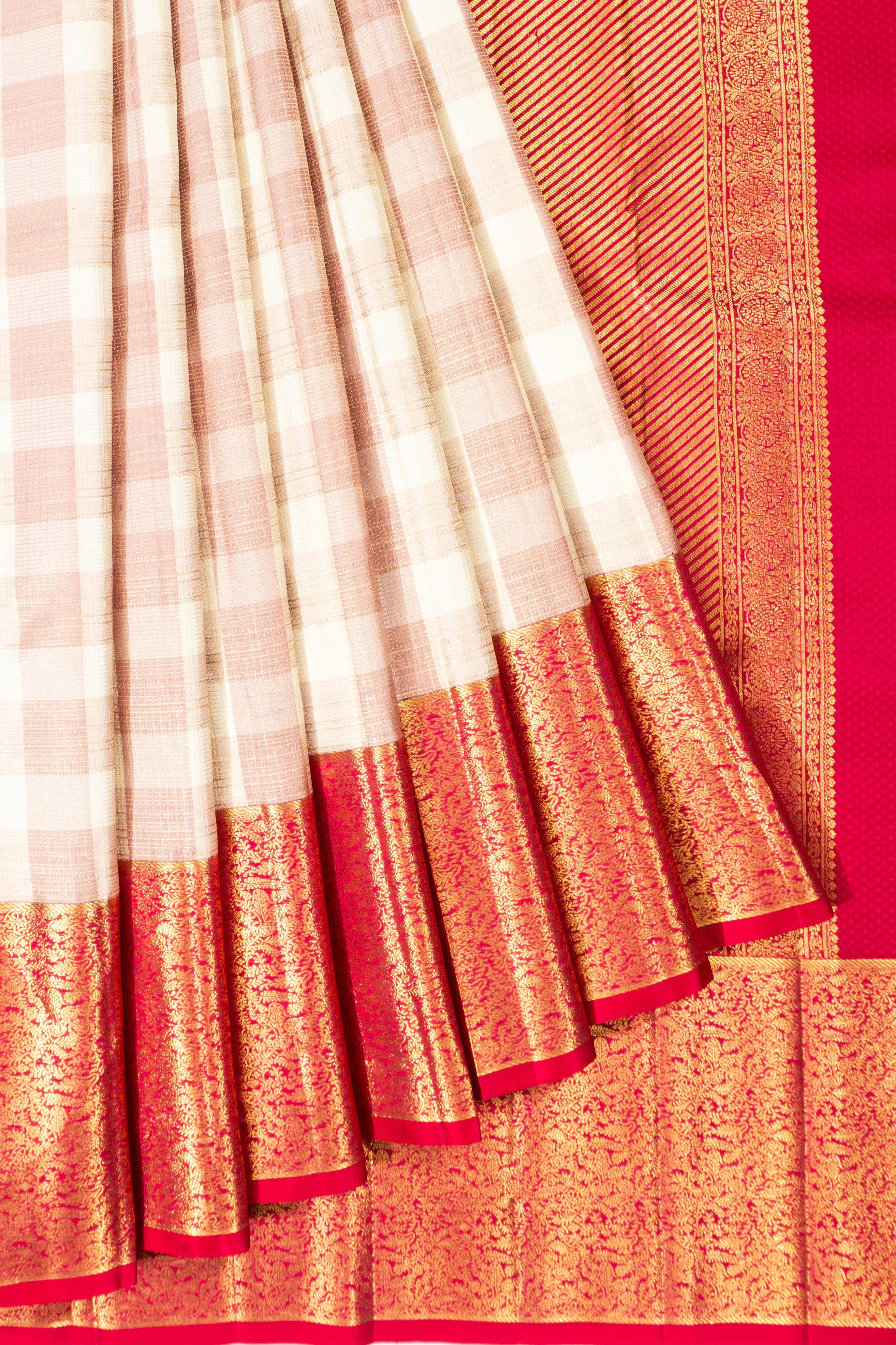 Kanchipuram Silk Checks White And Pink Saree