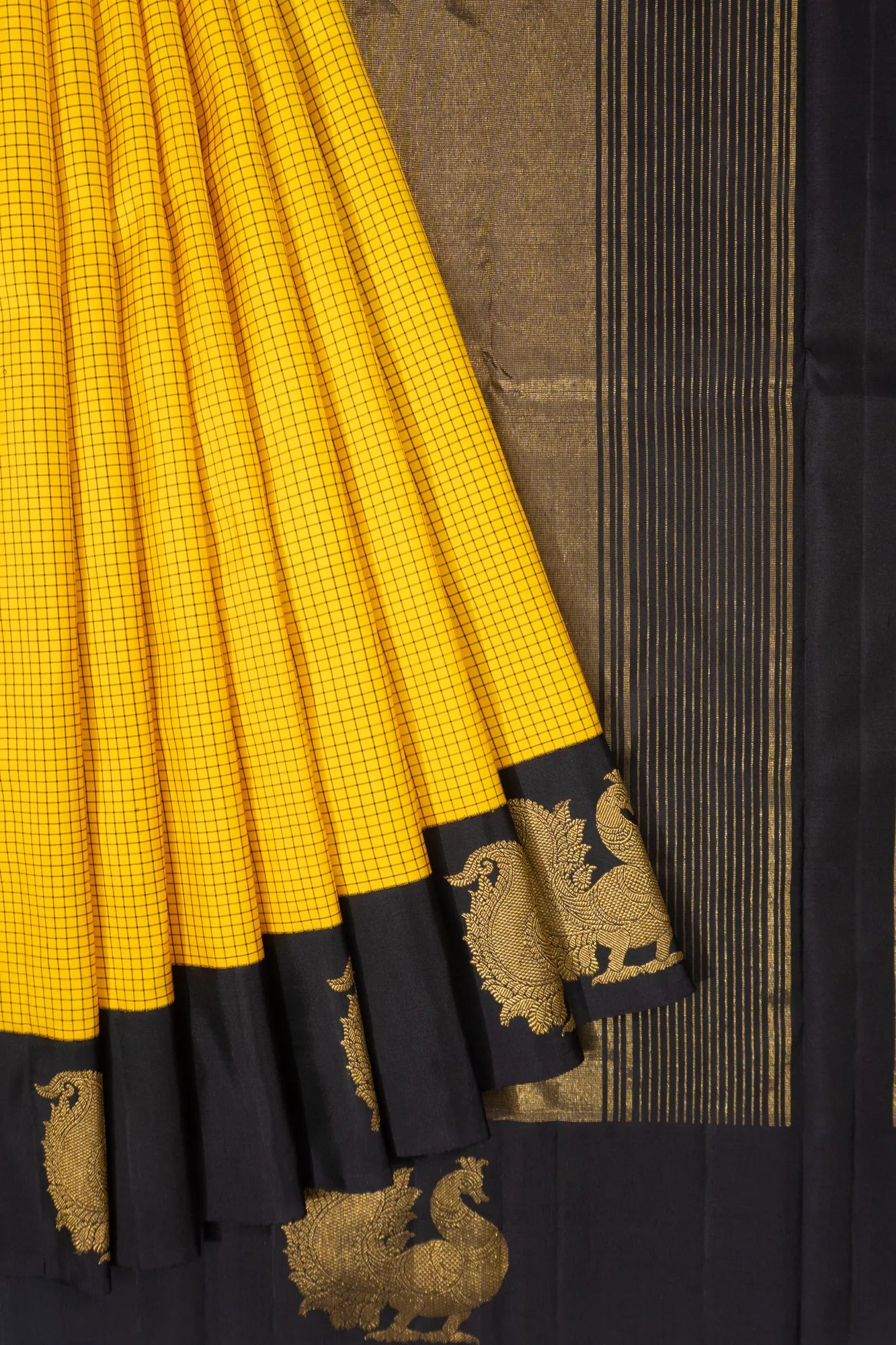 Kanchipuram Silk Checks Yellow Saree