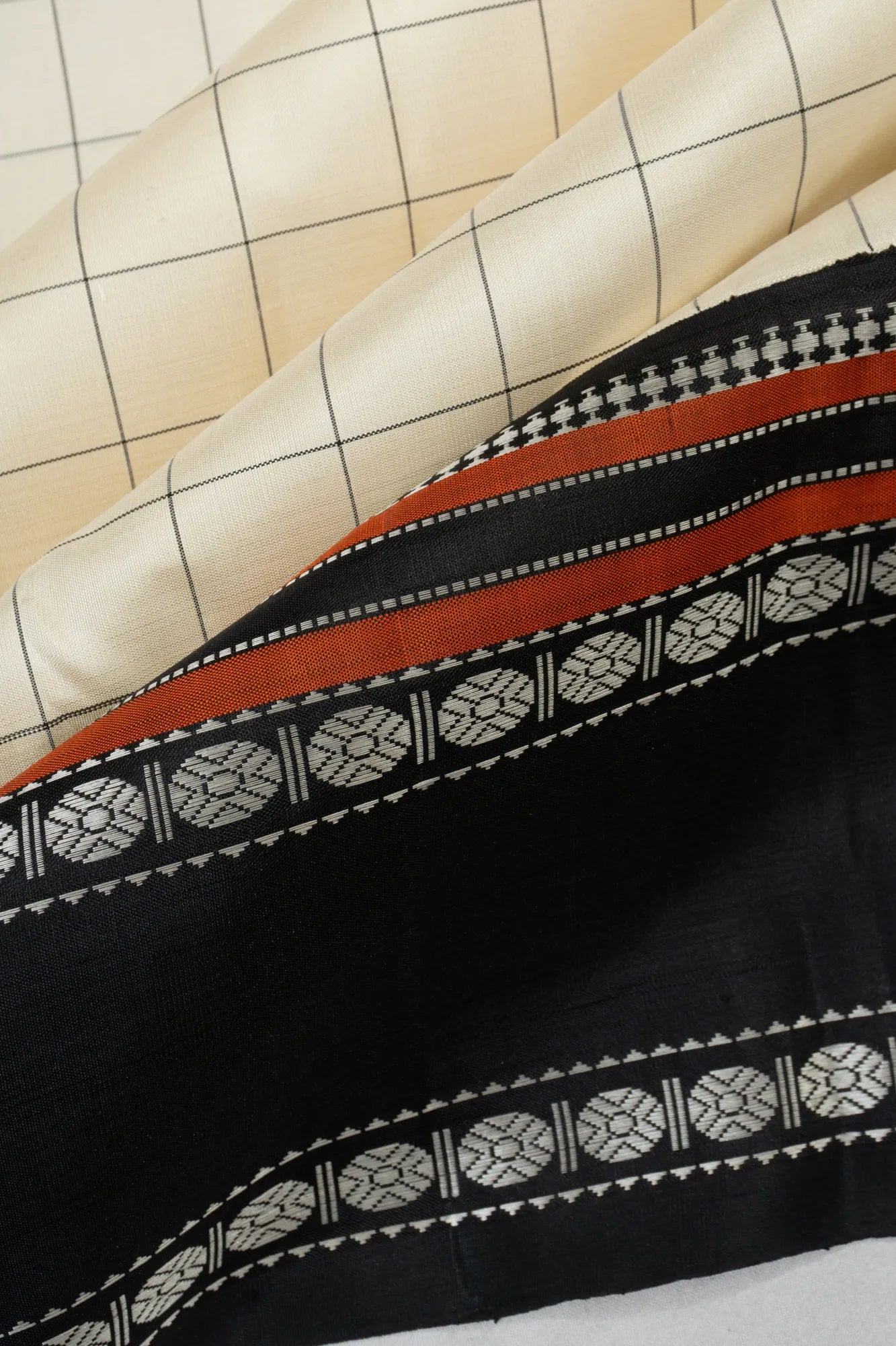 Kanchipuram Silk Checks Off White Saree With Ganga Jamuna Border