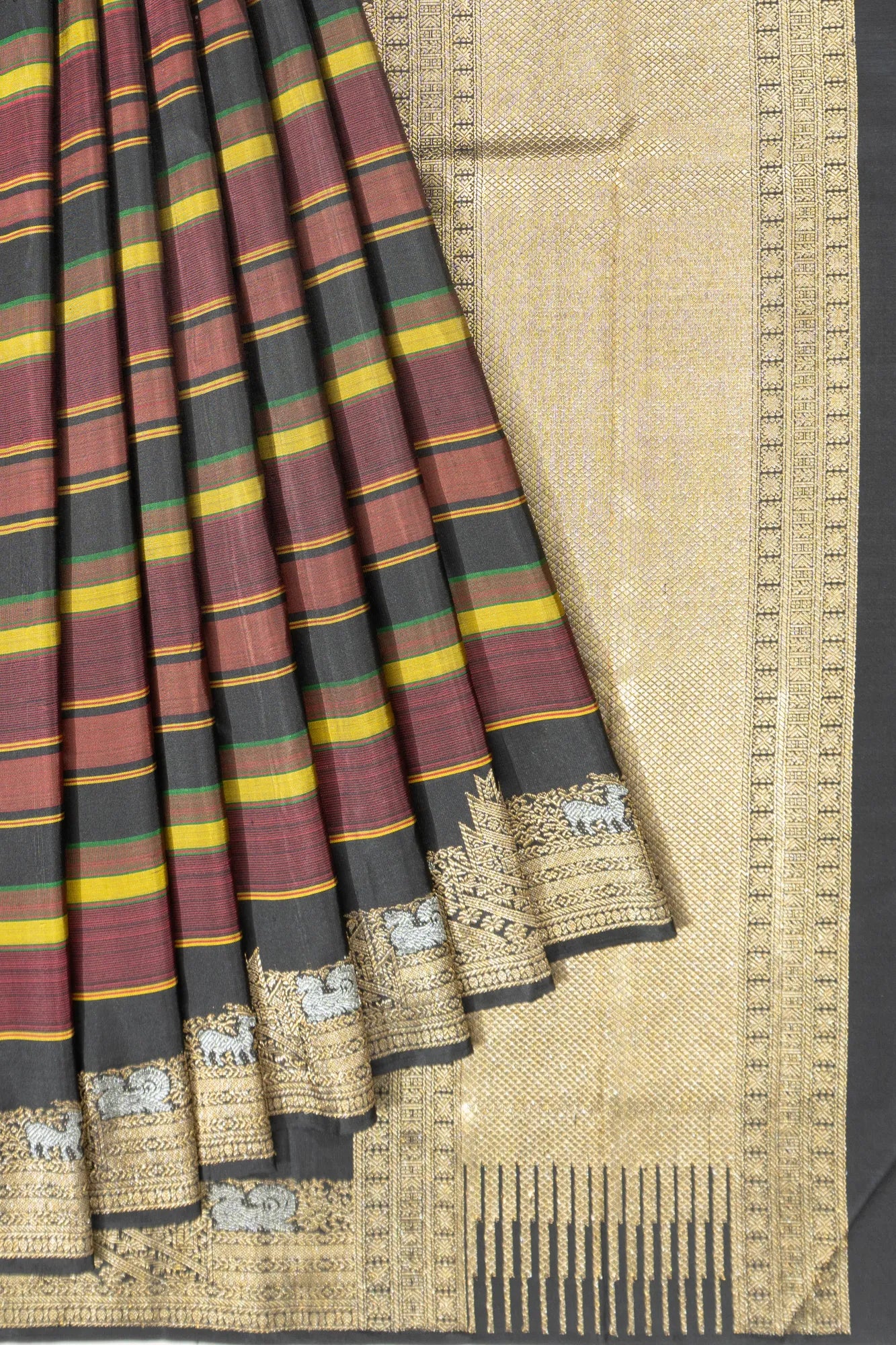 Kanchipuram Silk Horizontal Lines Multicolour Black Saree