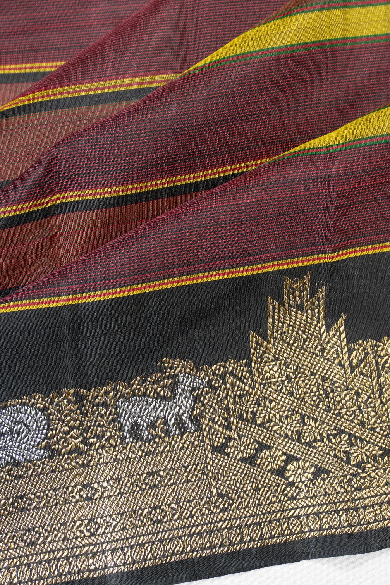 Kanchipuram Silk Horizontal Lines Multicolour Black Saree