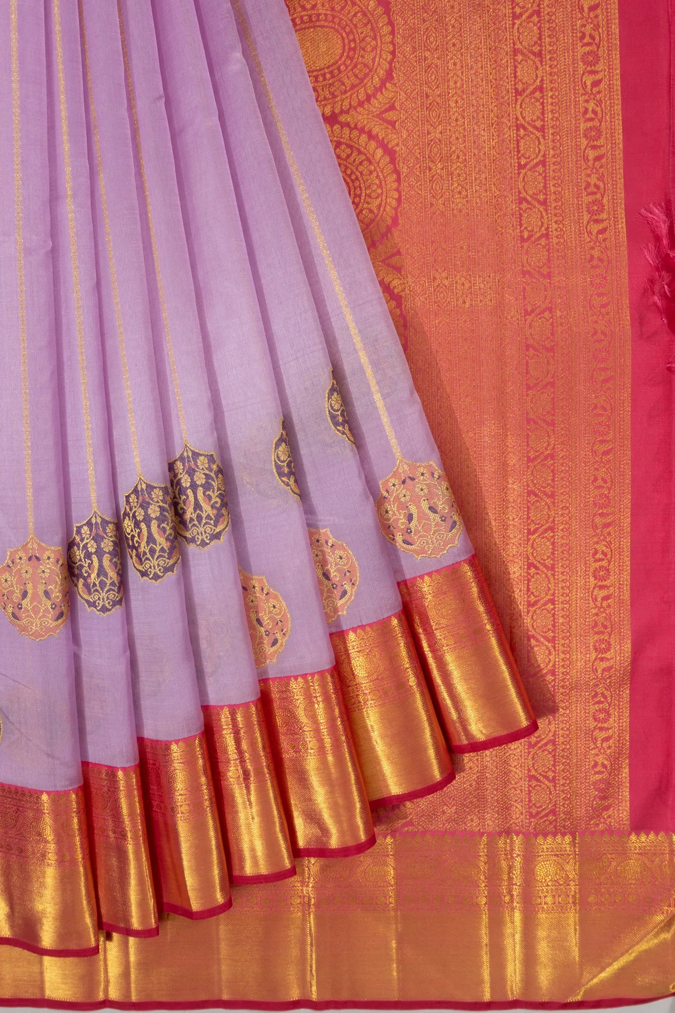 Kanchipuram Kora Organza Vertical Lines Lavender Saree