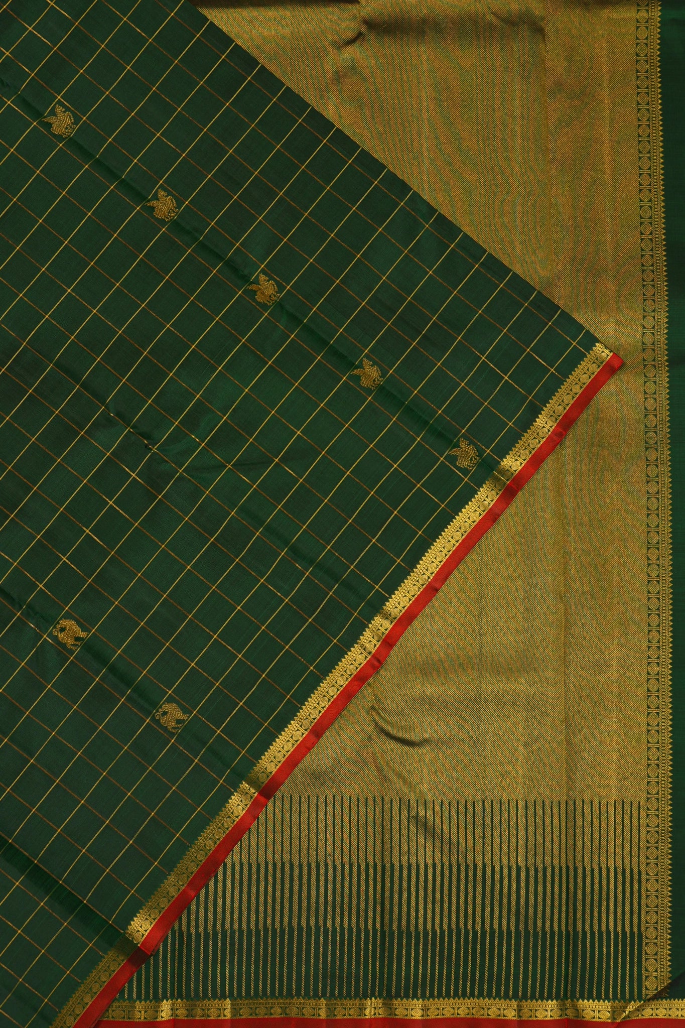 Kanchipuram Silk Checks And Butta Bottle Green Saree
