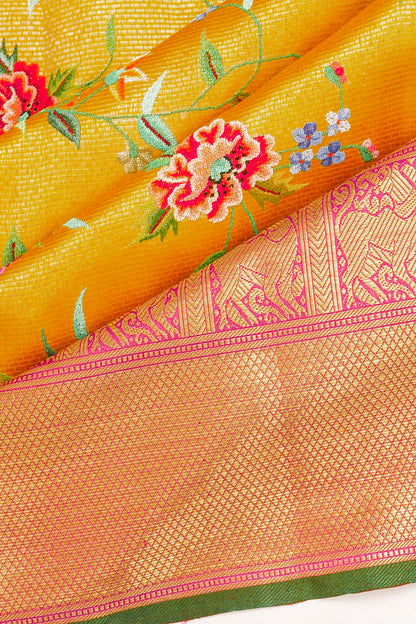 Petit Point X Kanchipuram Silk Oosi Lines Yellow Saree