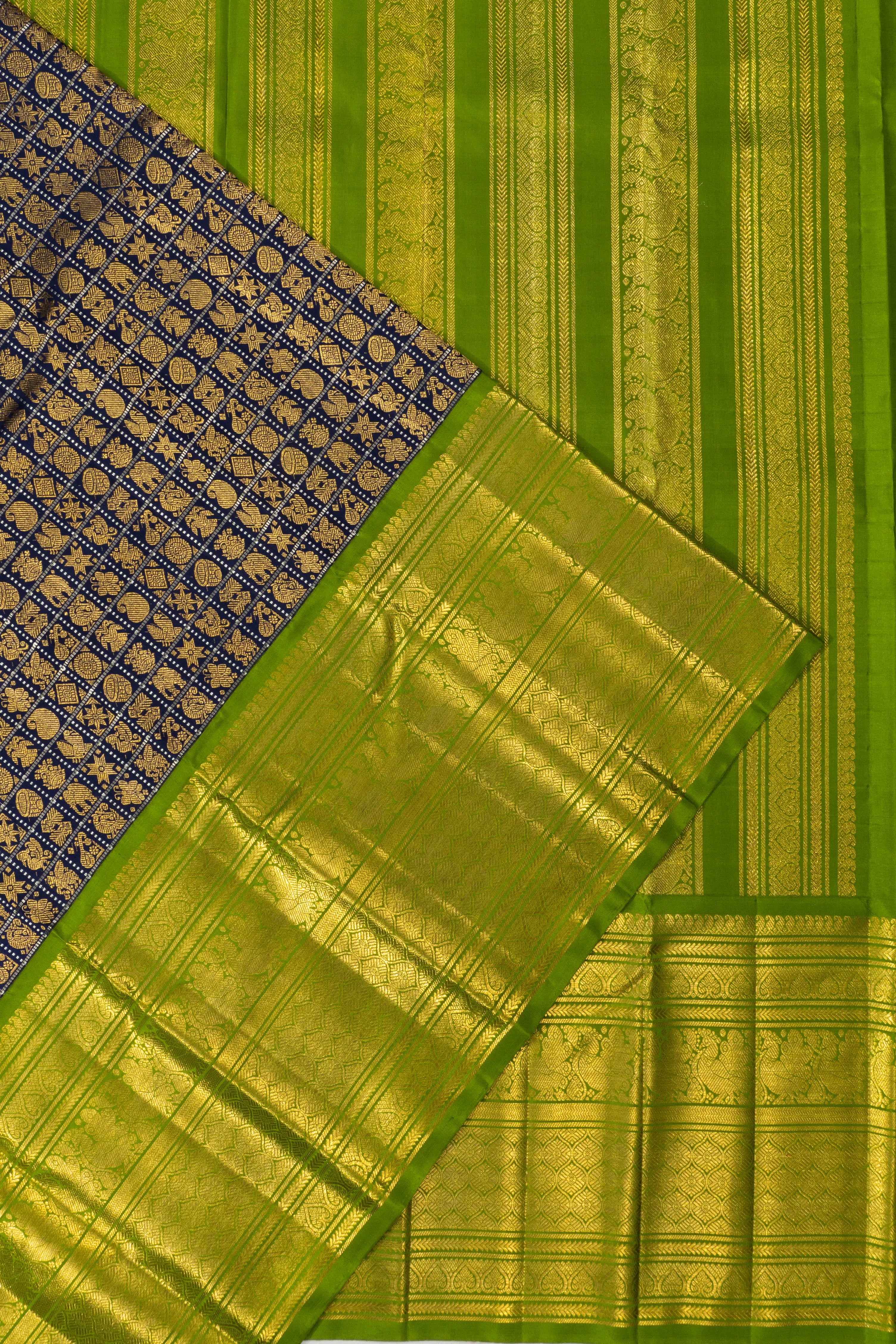 Kanchipuram Silk Checks And Butta Dark Blue Saree