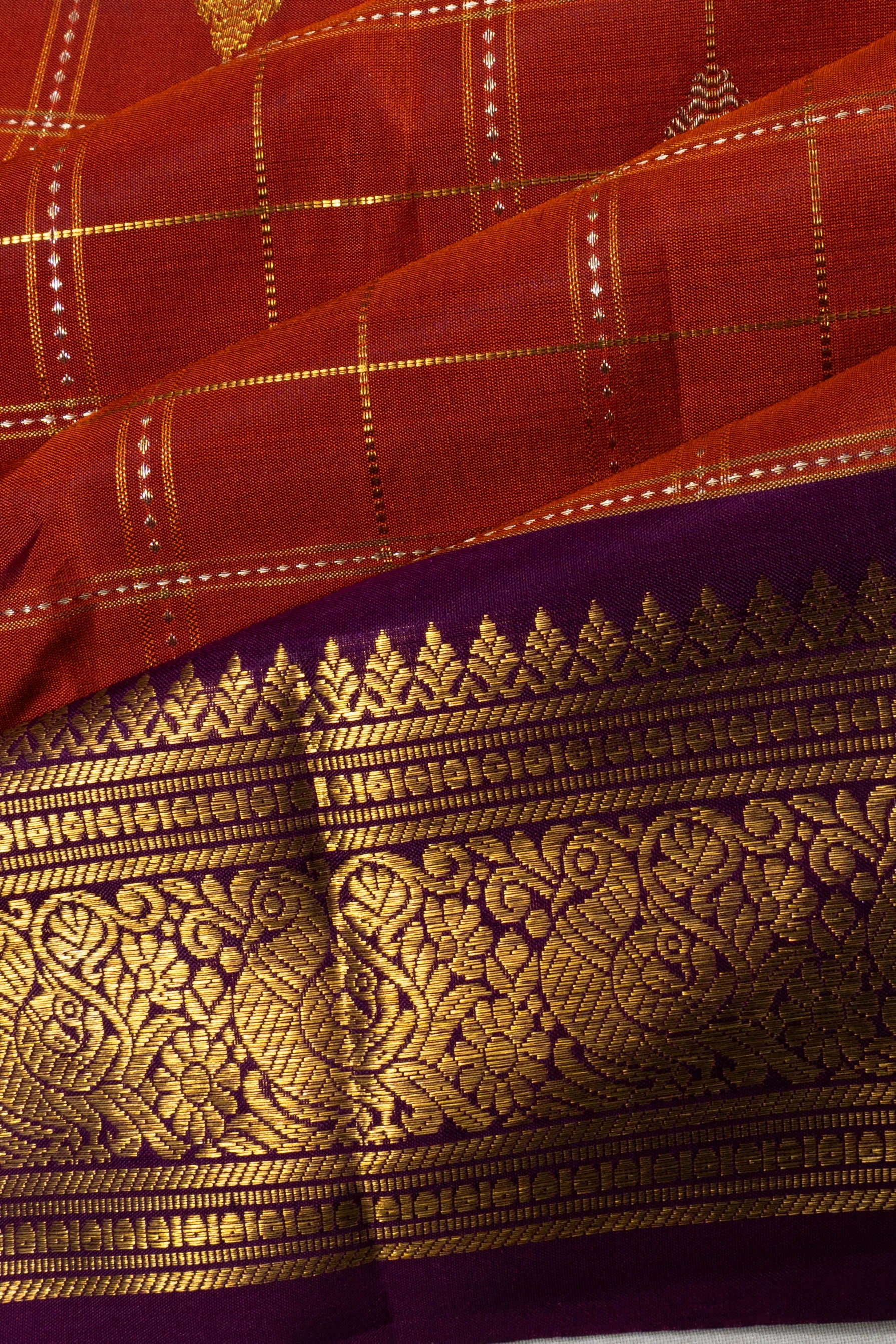 Kanchipuram Silk Checks And Butta Rust Orange Saree