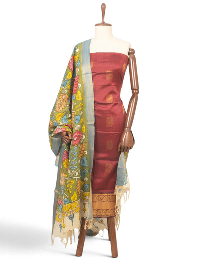 Uppada Silk Butta Maroon Salwar Suit Set Set W/O Bottom And Kalamkari Dupatta