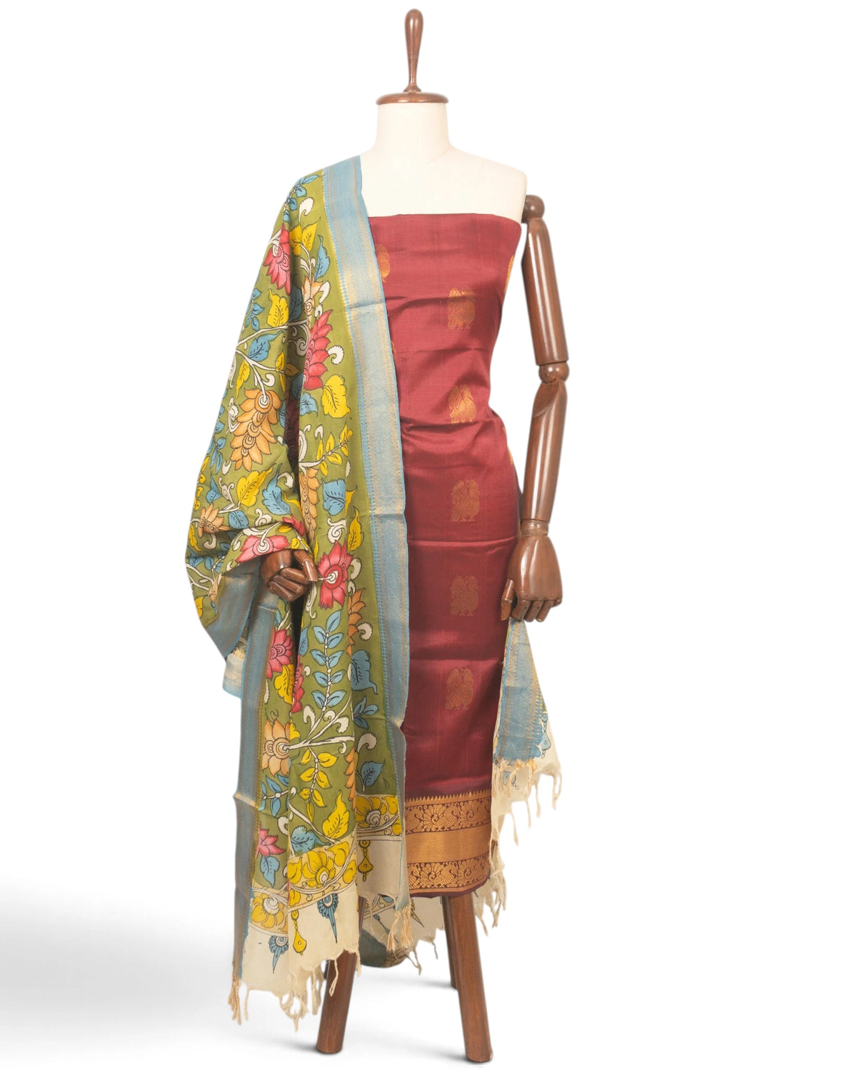 Uppada Silk Butta Maroon Salwar Suit Set Set W/O Bottom And Kalamkari Dupatta
