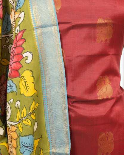 Uppada Silk Butta Maroon Salwar Suit Set Set W/O Bottom And Kalamkari Dupatta
