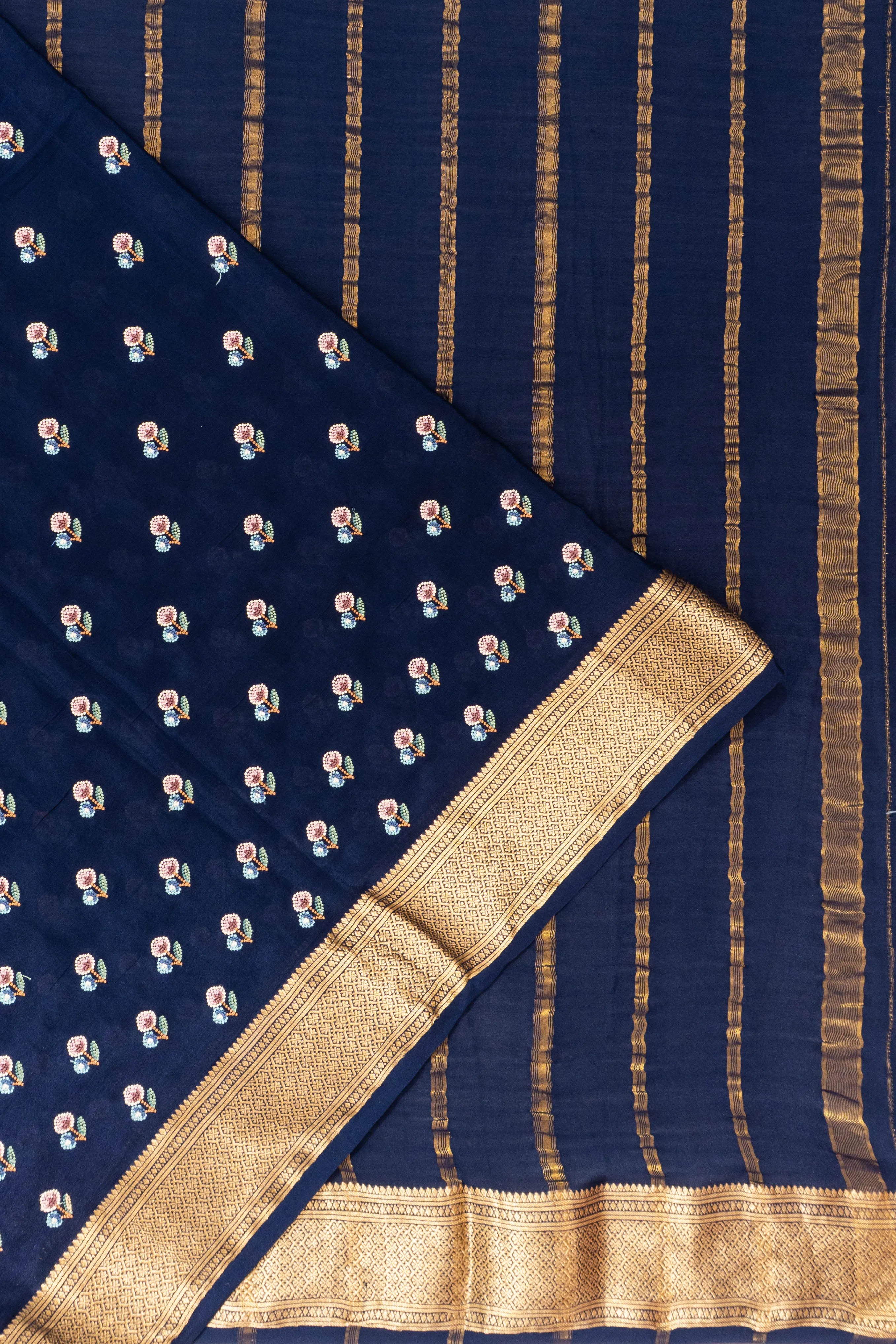 Binny Silk Embroidery Butta Dark Blue Saree