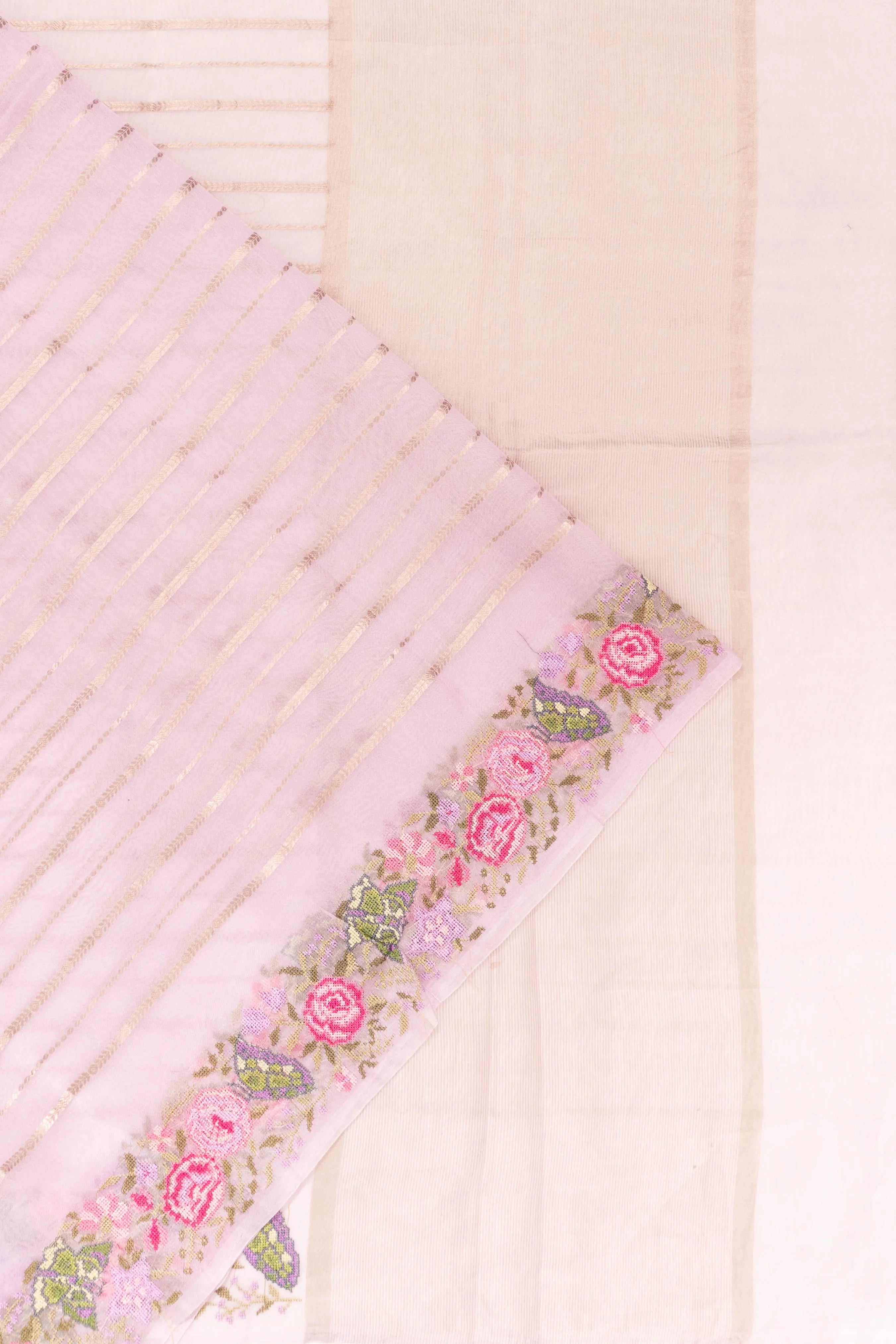 Chanderi Cotton Horizontal Lines Baby Pink Saree With Embroidery Border