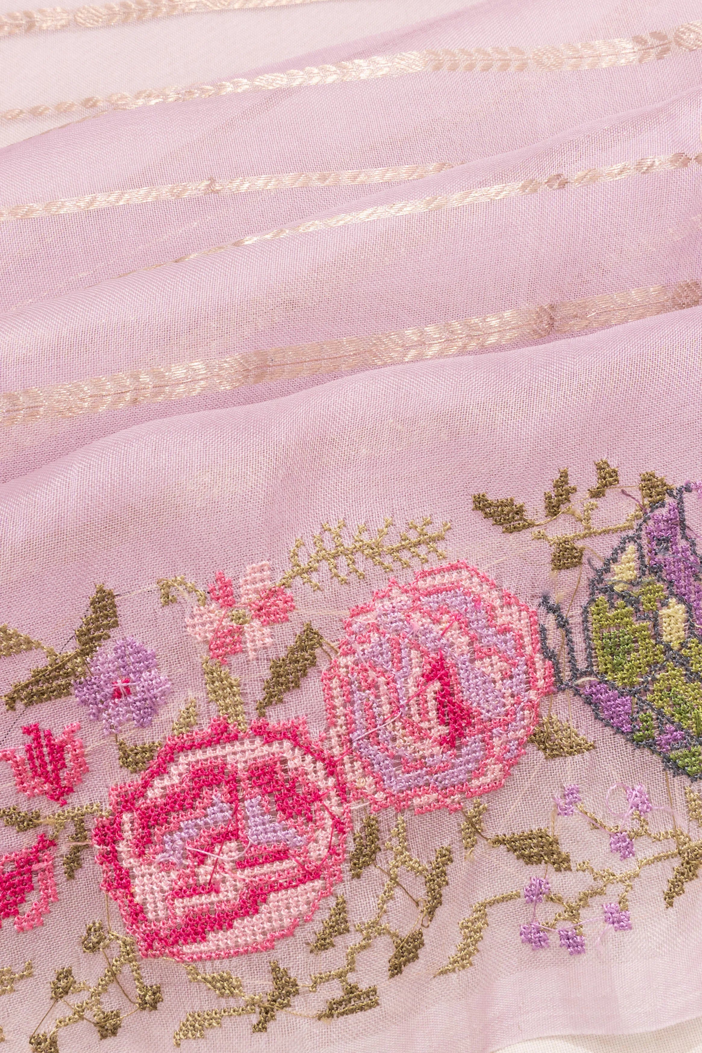 Chanderi Cotton Horizontal Lines Baby Pink Saree With Embroidery Border