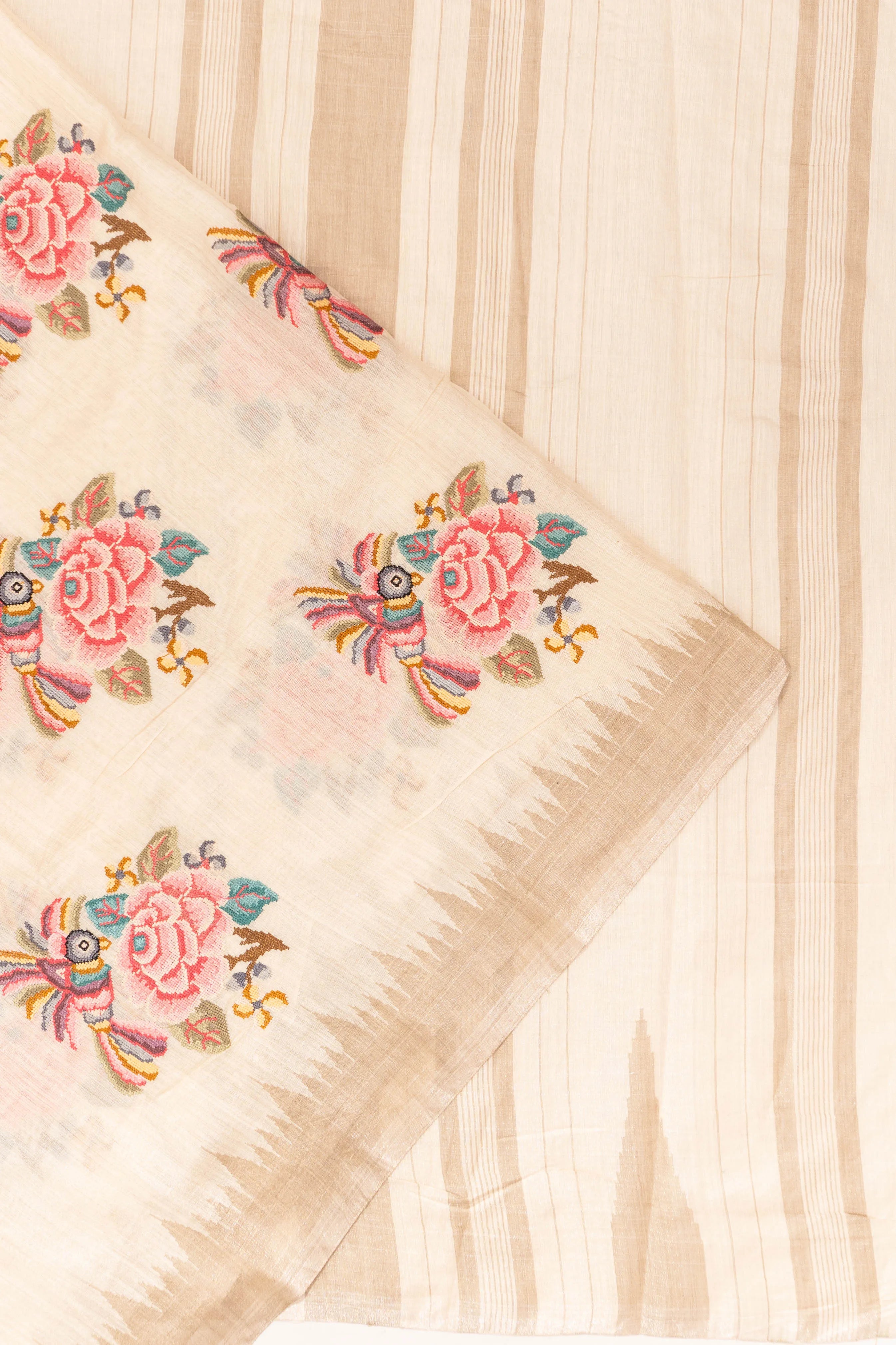 Tussar Embroidery Butta Cream Saree