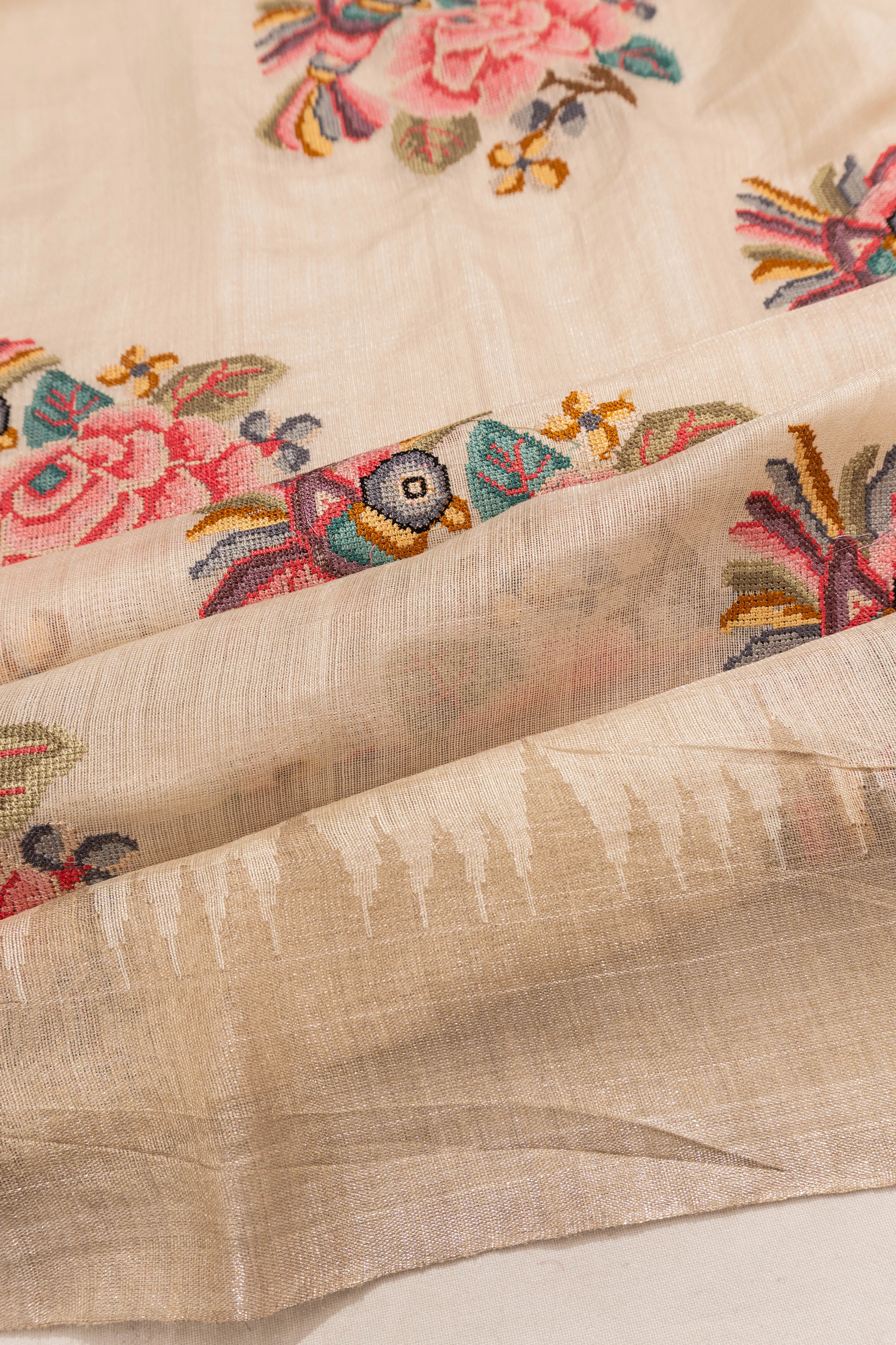 Tussar Embroidery Butta Cream Saree