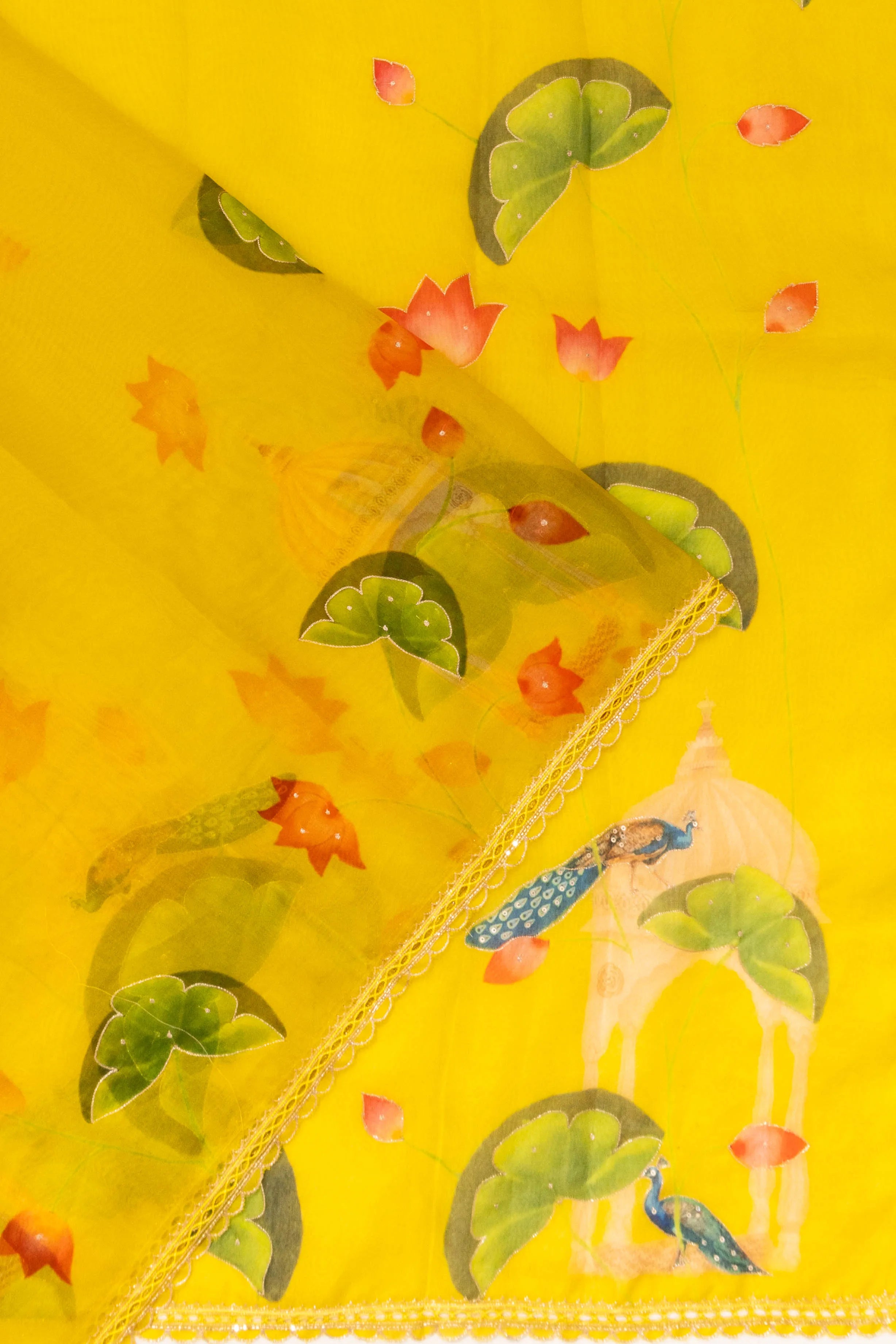Organza Printed Butta Yellow Saree