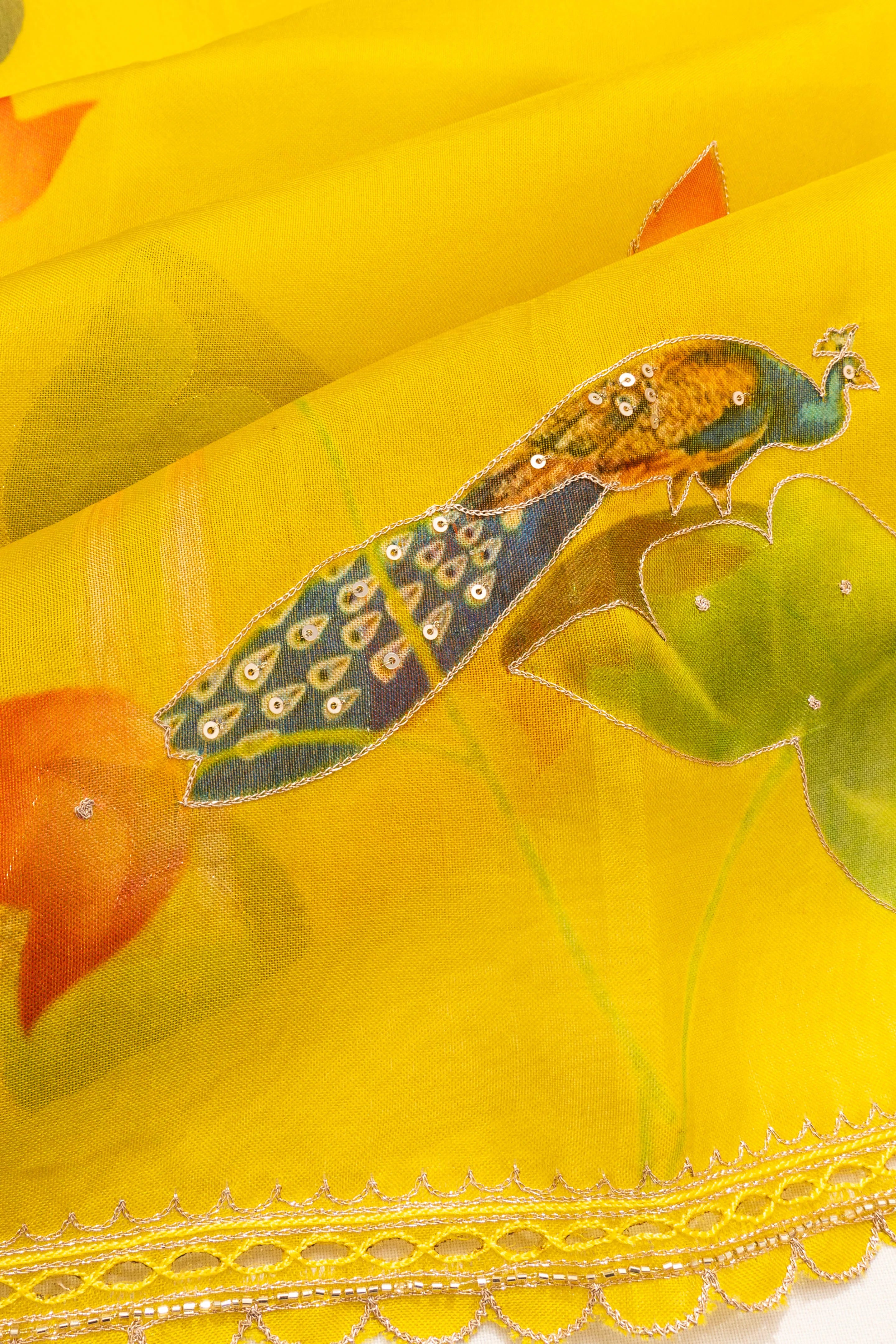 Organza Printed Butta Yellow Saree