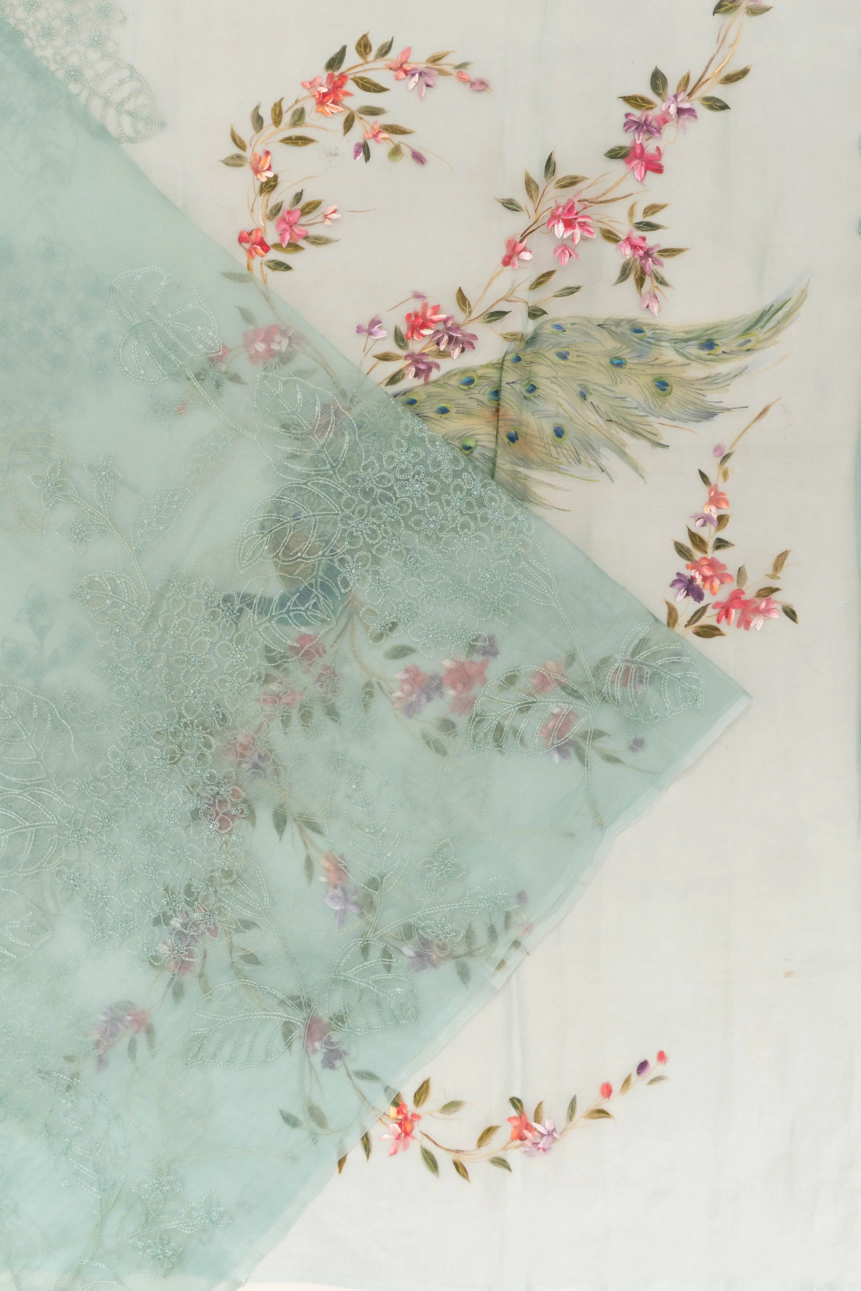 Organza Embroidery Pastel Blue Saree With Printed Pallu