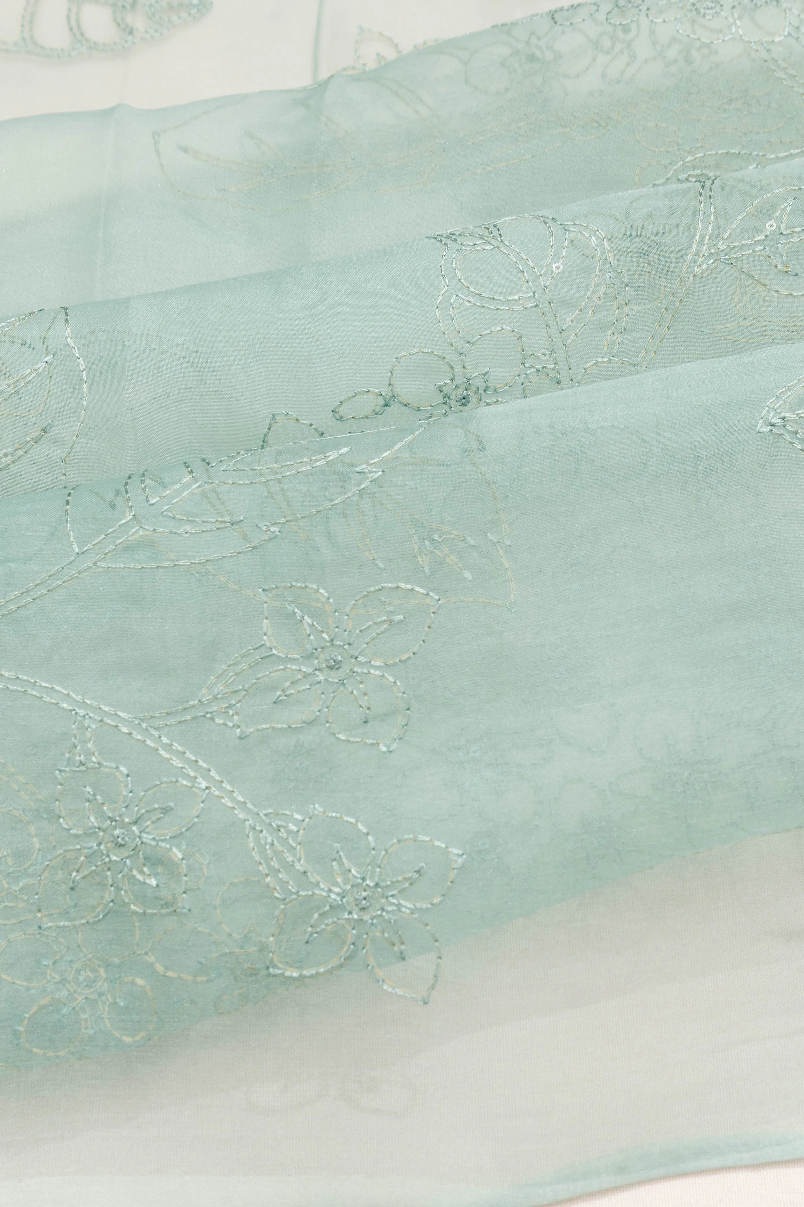 Organza Embroidery Pastel Blue Saree With Printed Pallu