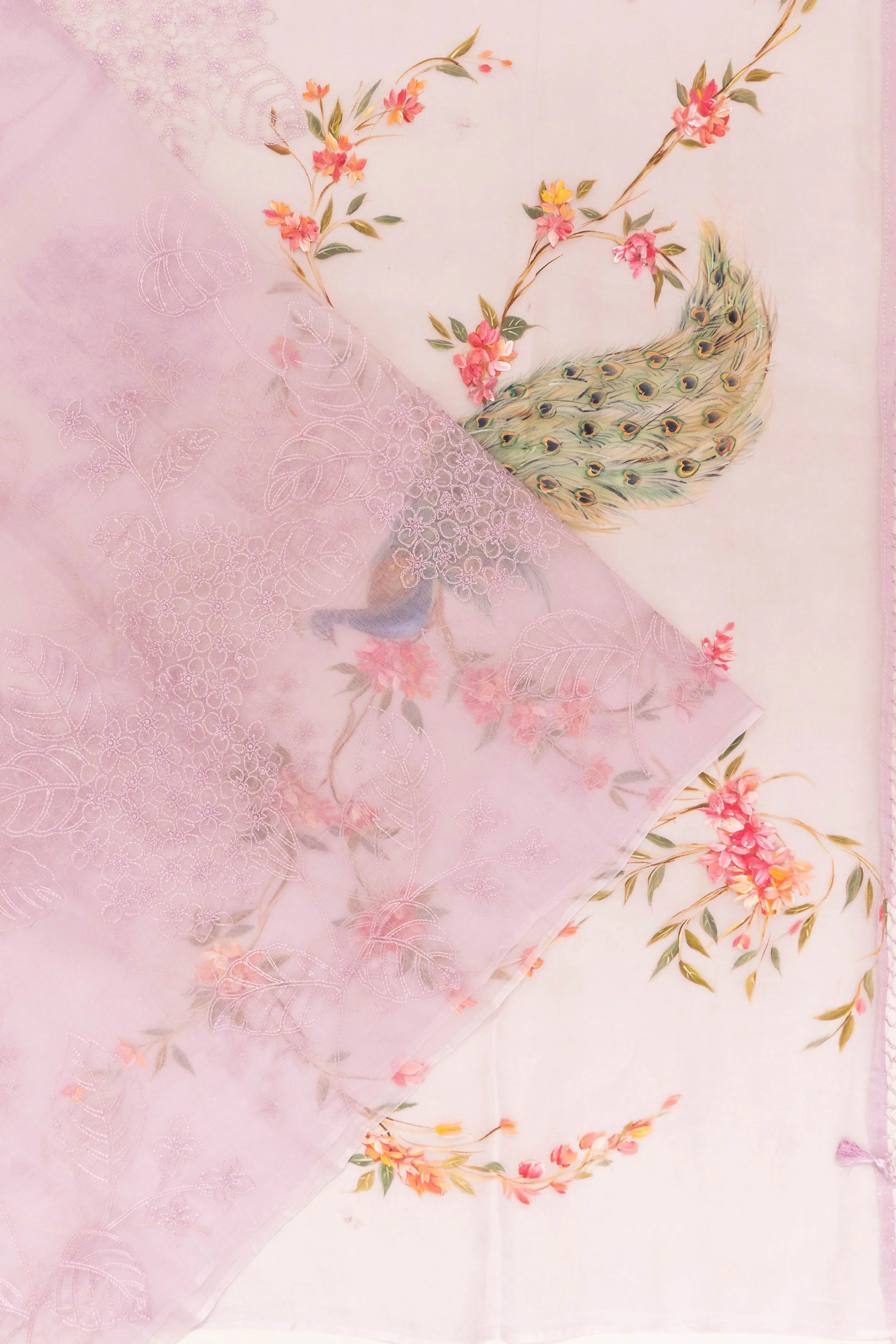 Organza Embroidery Pastel Pink Saree With Printed Pallu