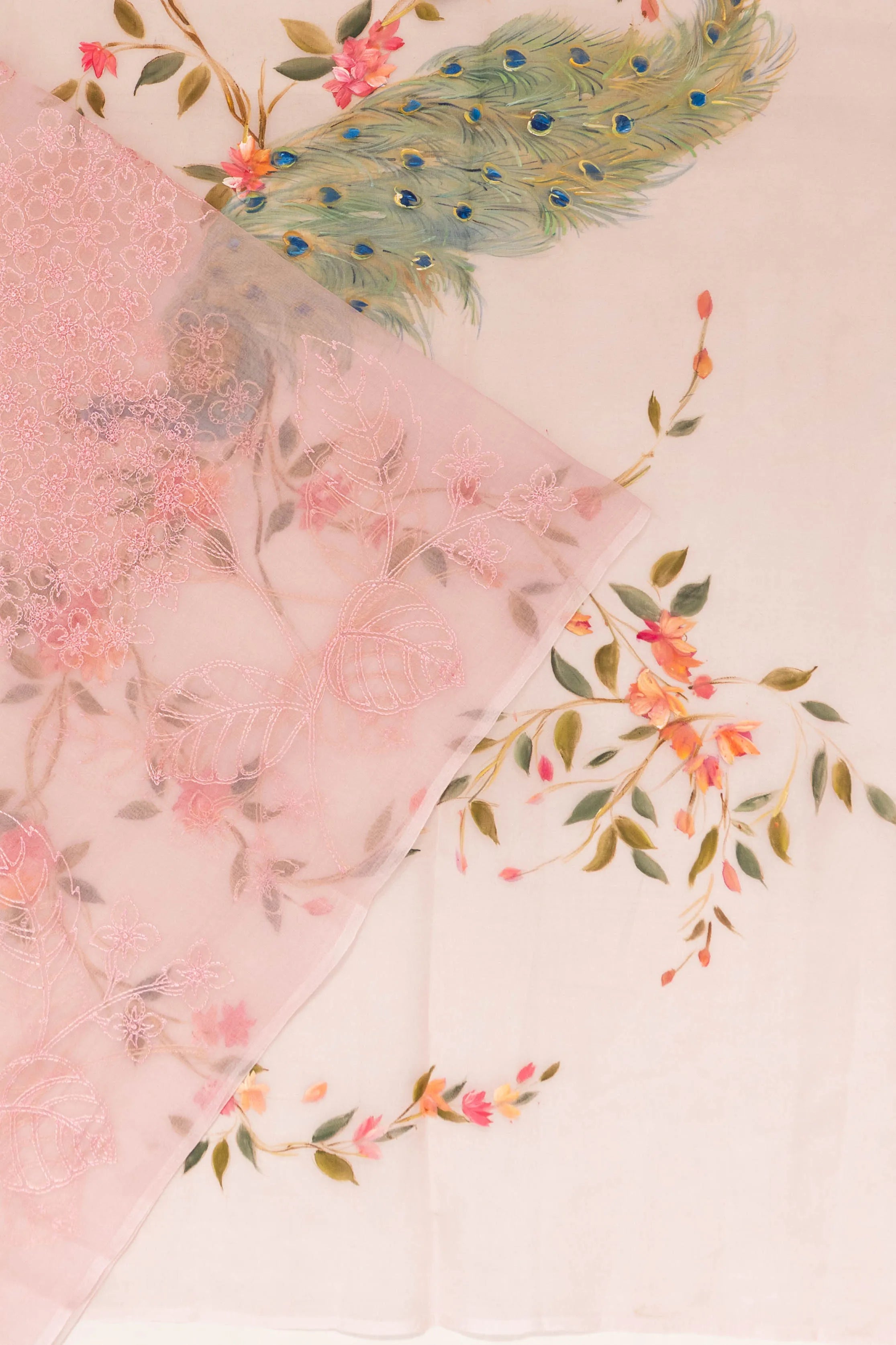 Organza Embroidery Pastel Pink Saree With Printed Pallu