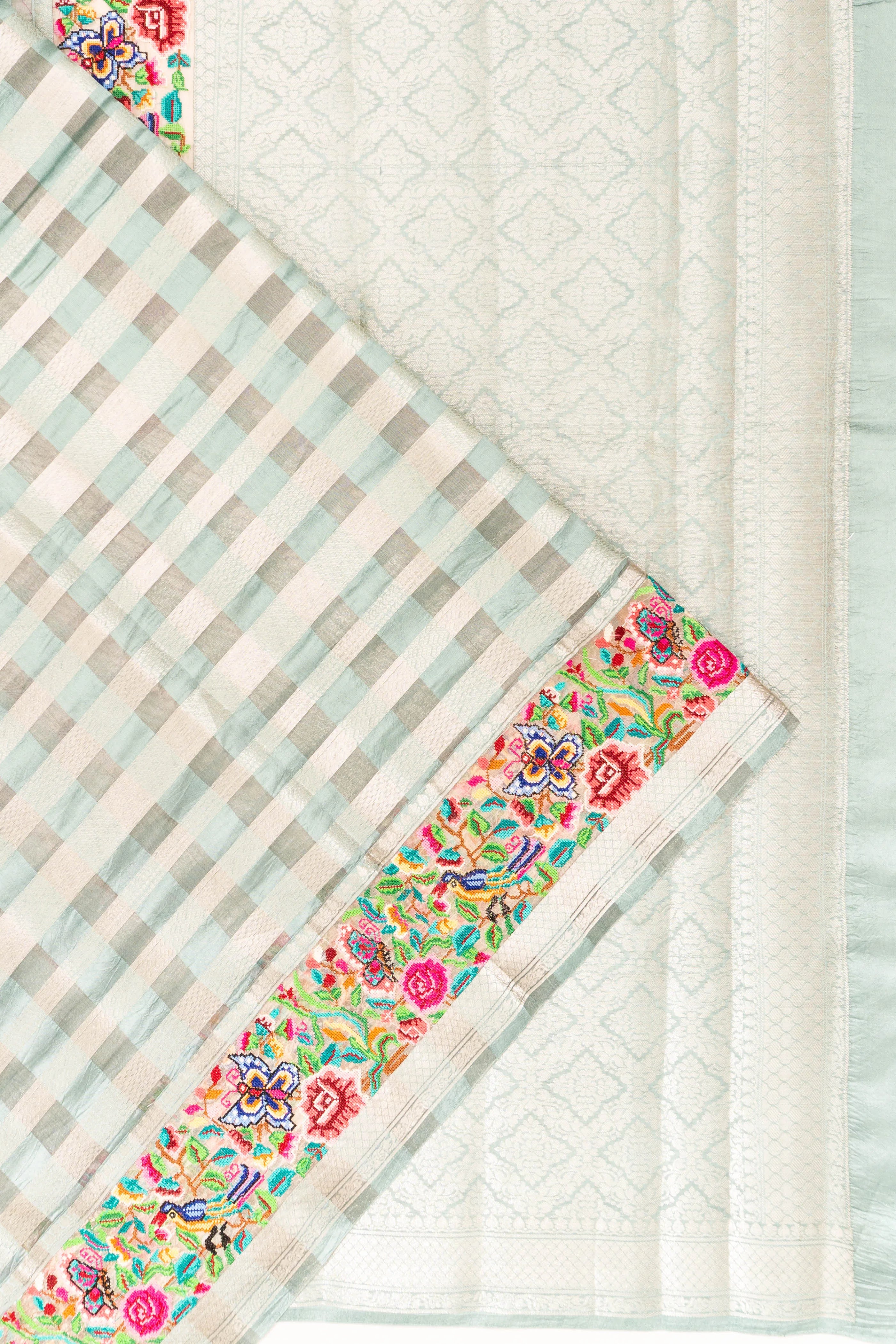 Organza Checks Sky Blue Saree With Embroidery Border