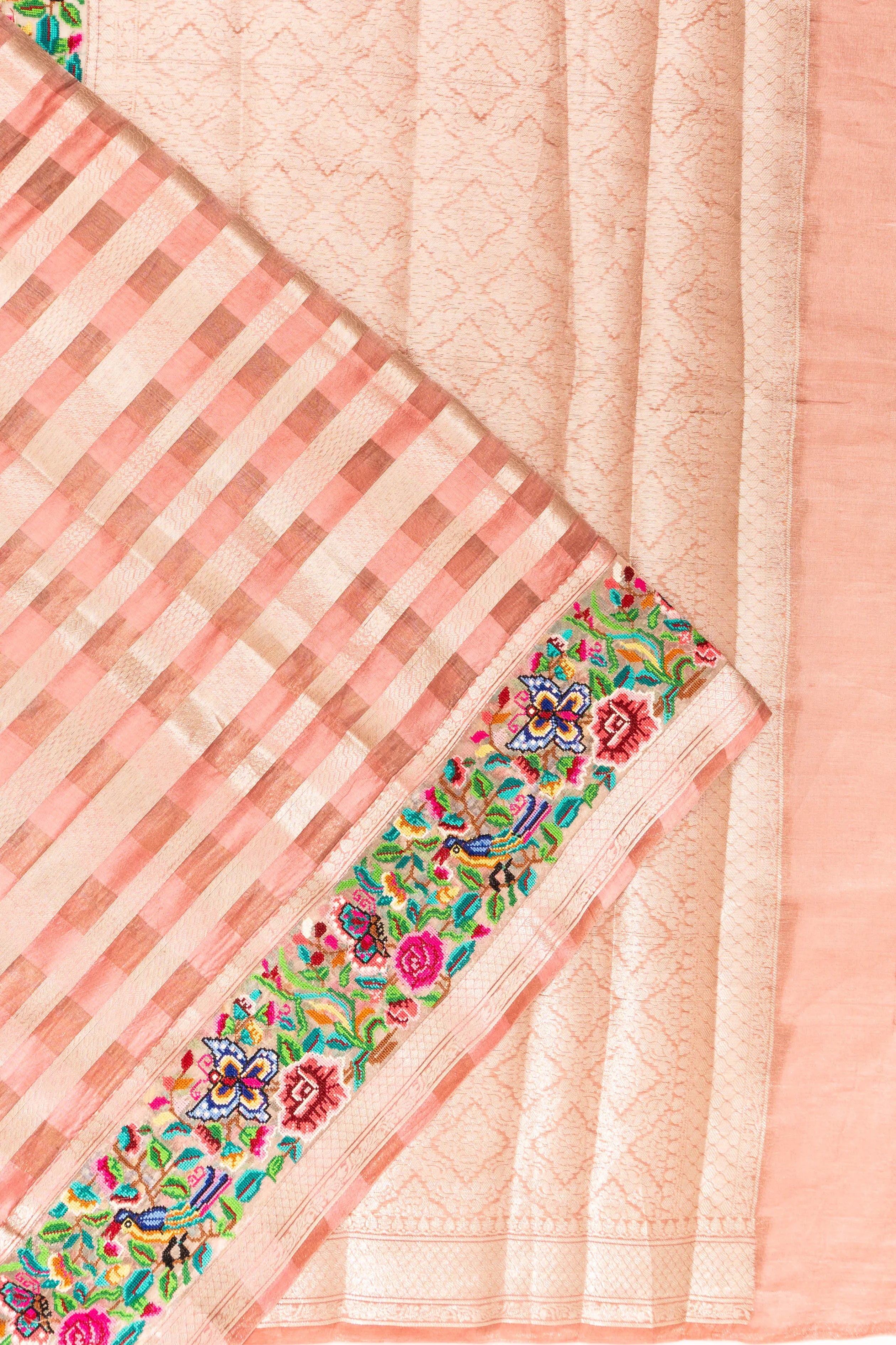 Organza Checks Pastel Orange Saree With Embroidery Border