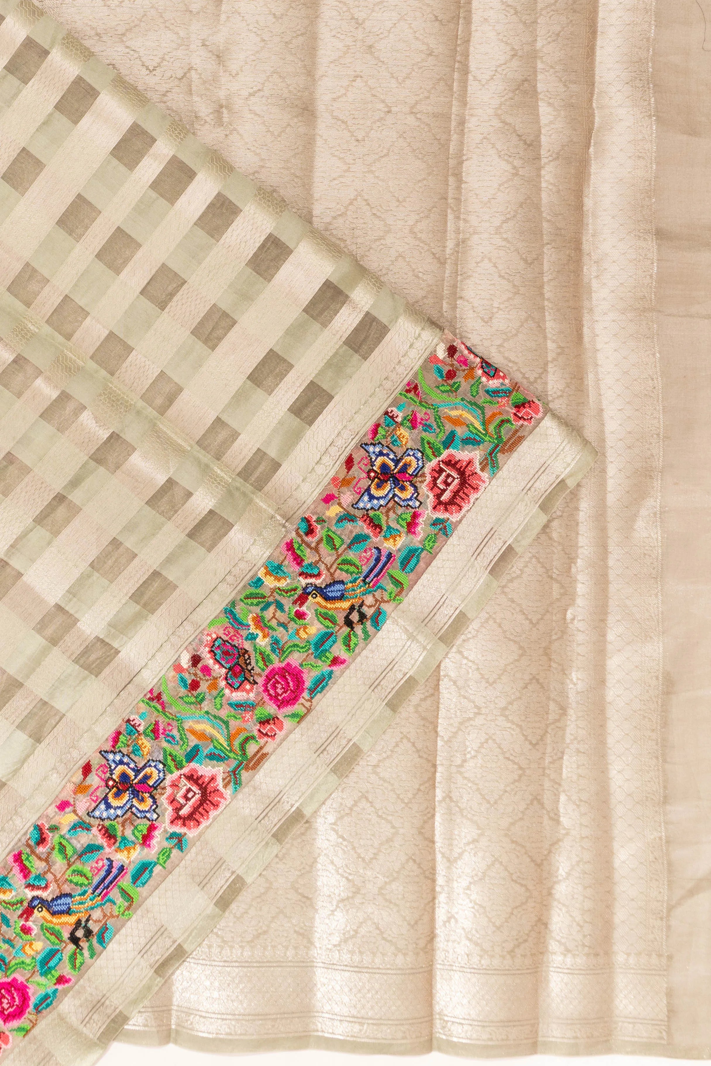 Organza Checks Green Saree With Embroidery Border