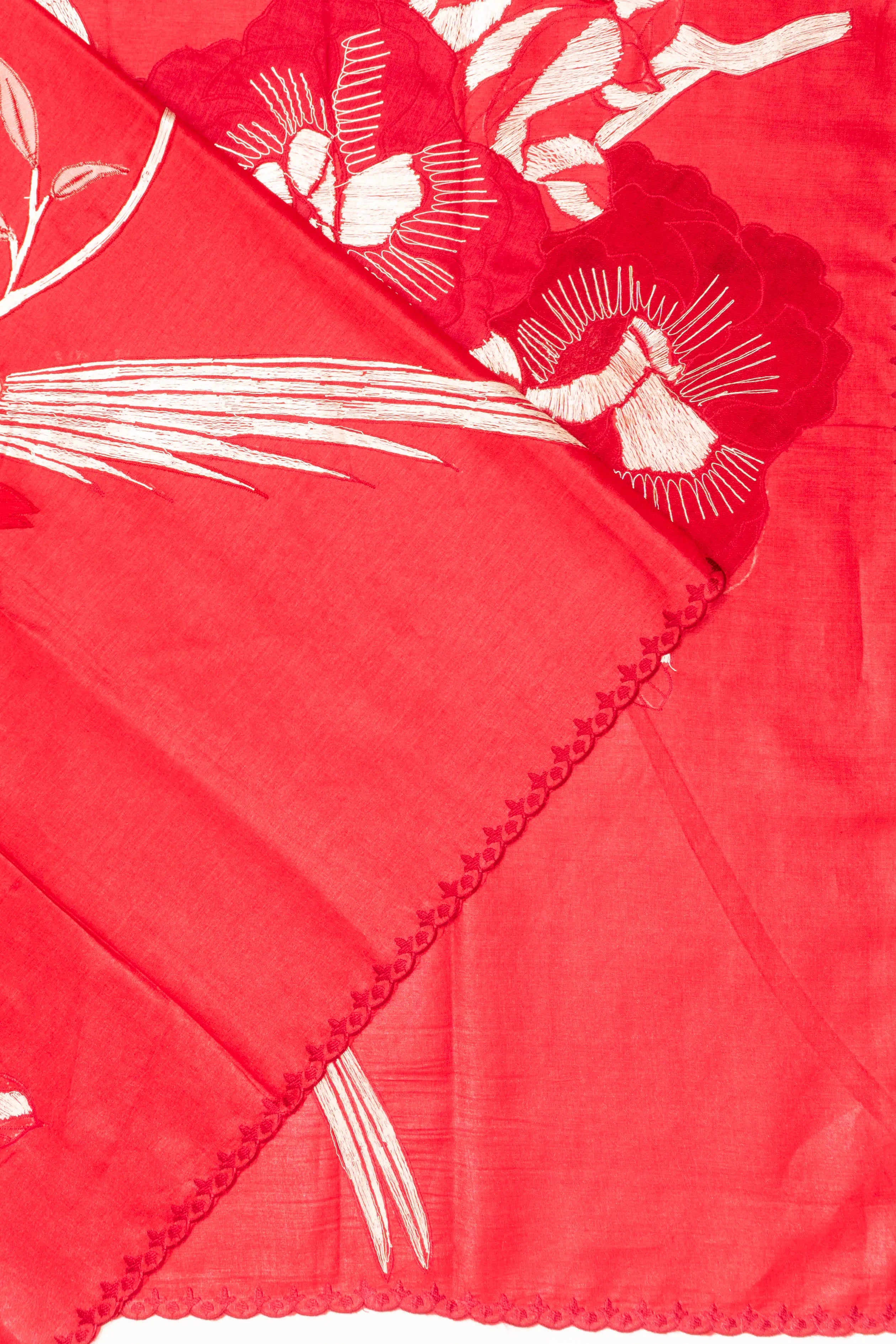 Tussar Embroidery Red Saree