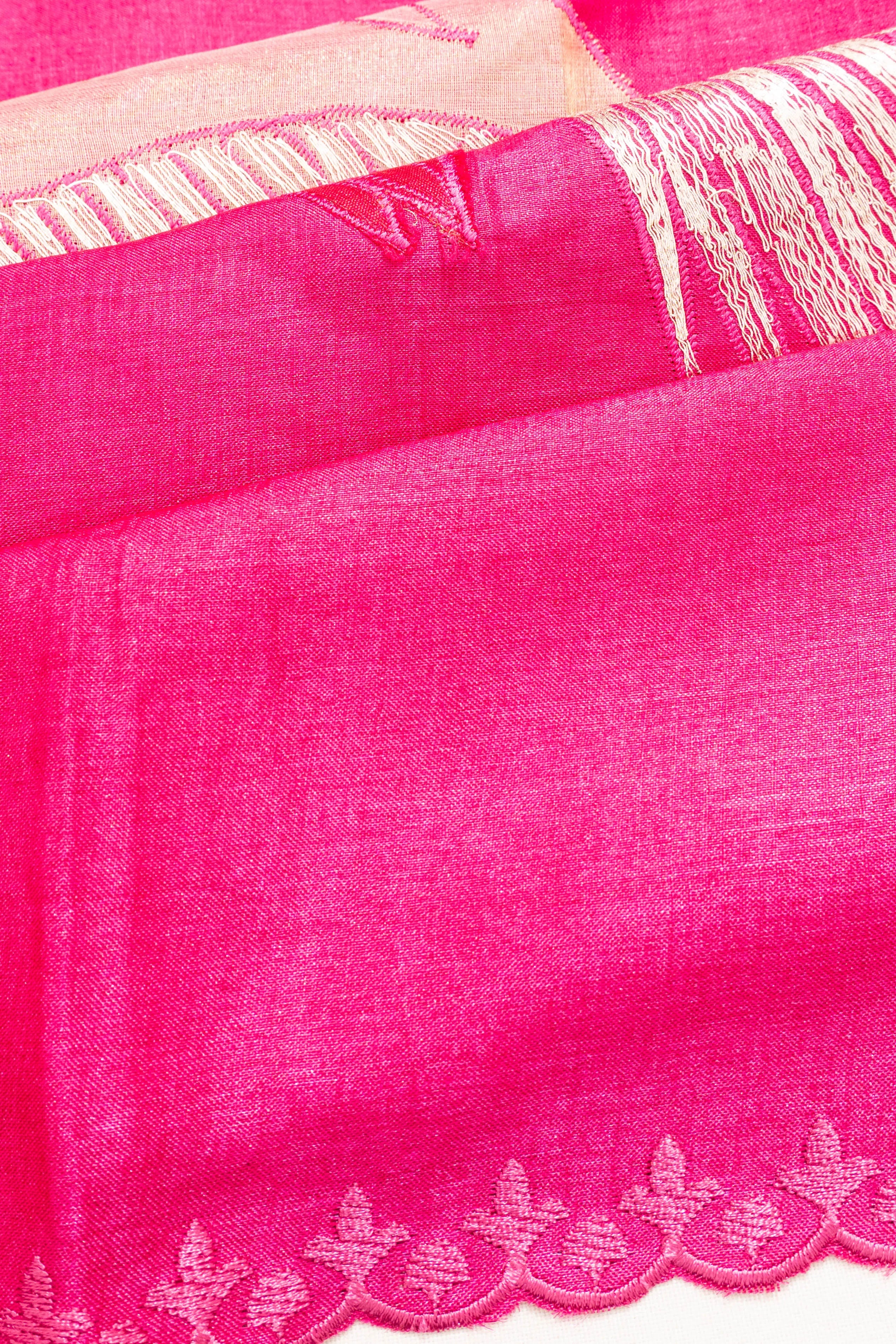 Tussar Embroidery Rani Pink Saree