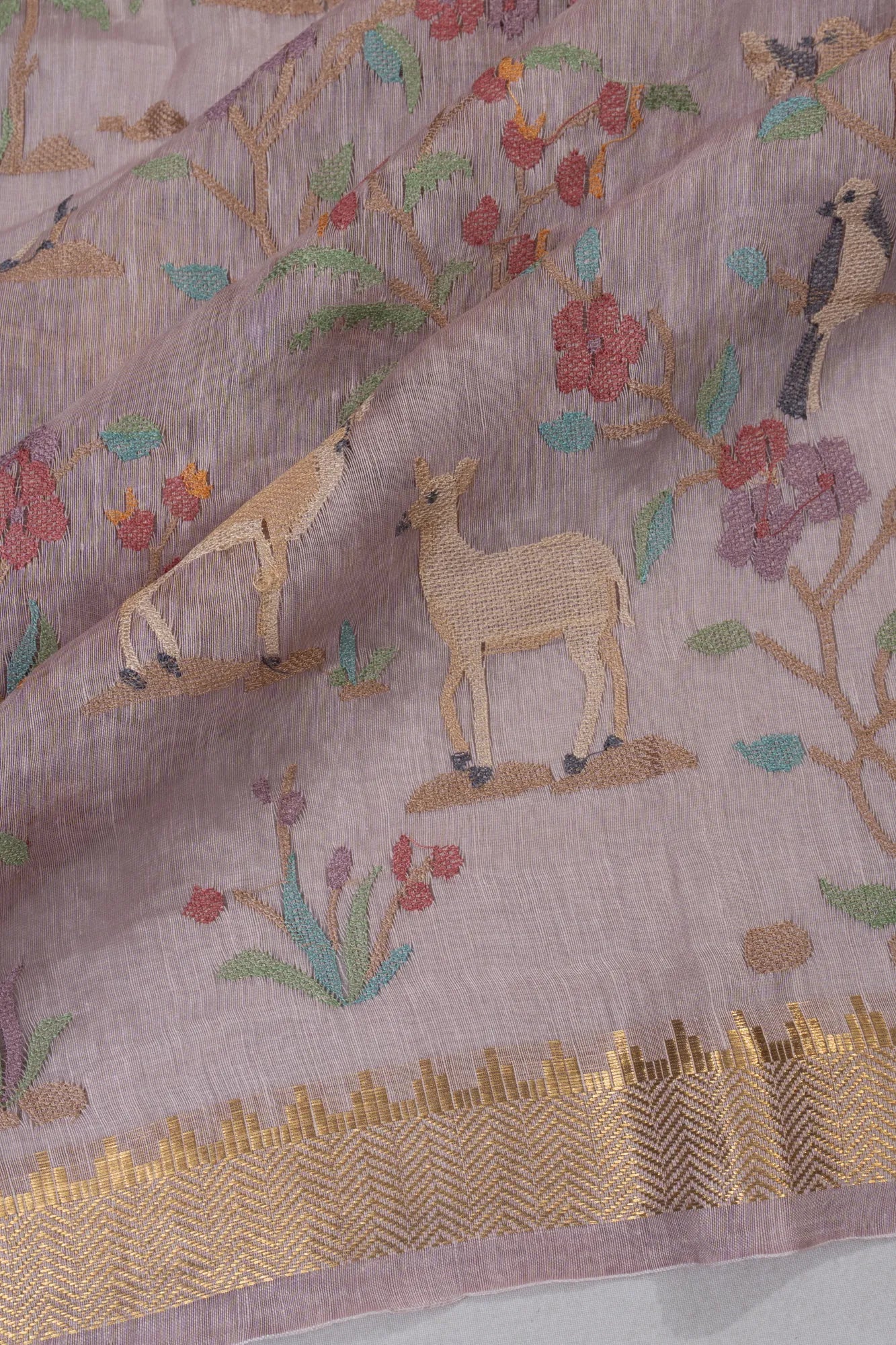 Linen Embroidery Brocade Pink Saree