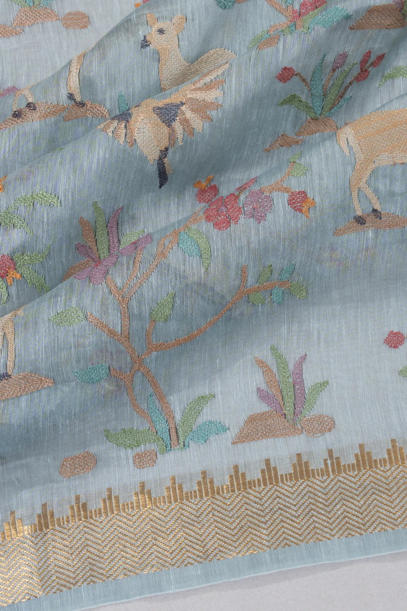 Linen Embroidery Brocade Sea Blue Saree