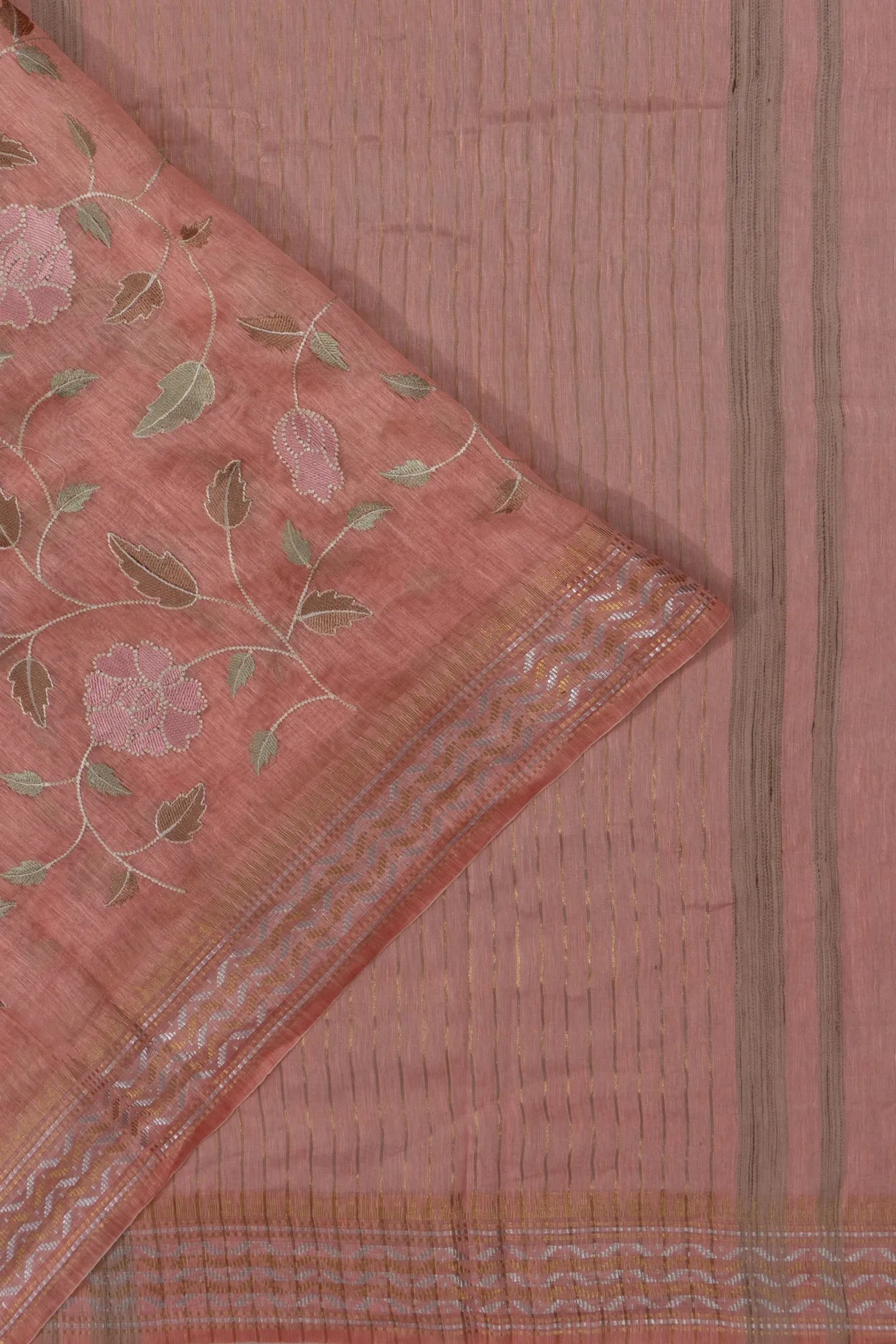 Linen Embroidery Brocade Peach Saree