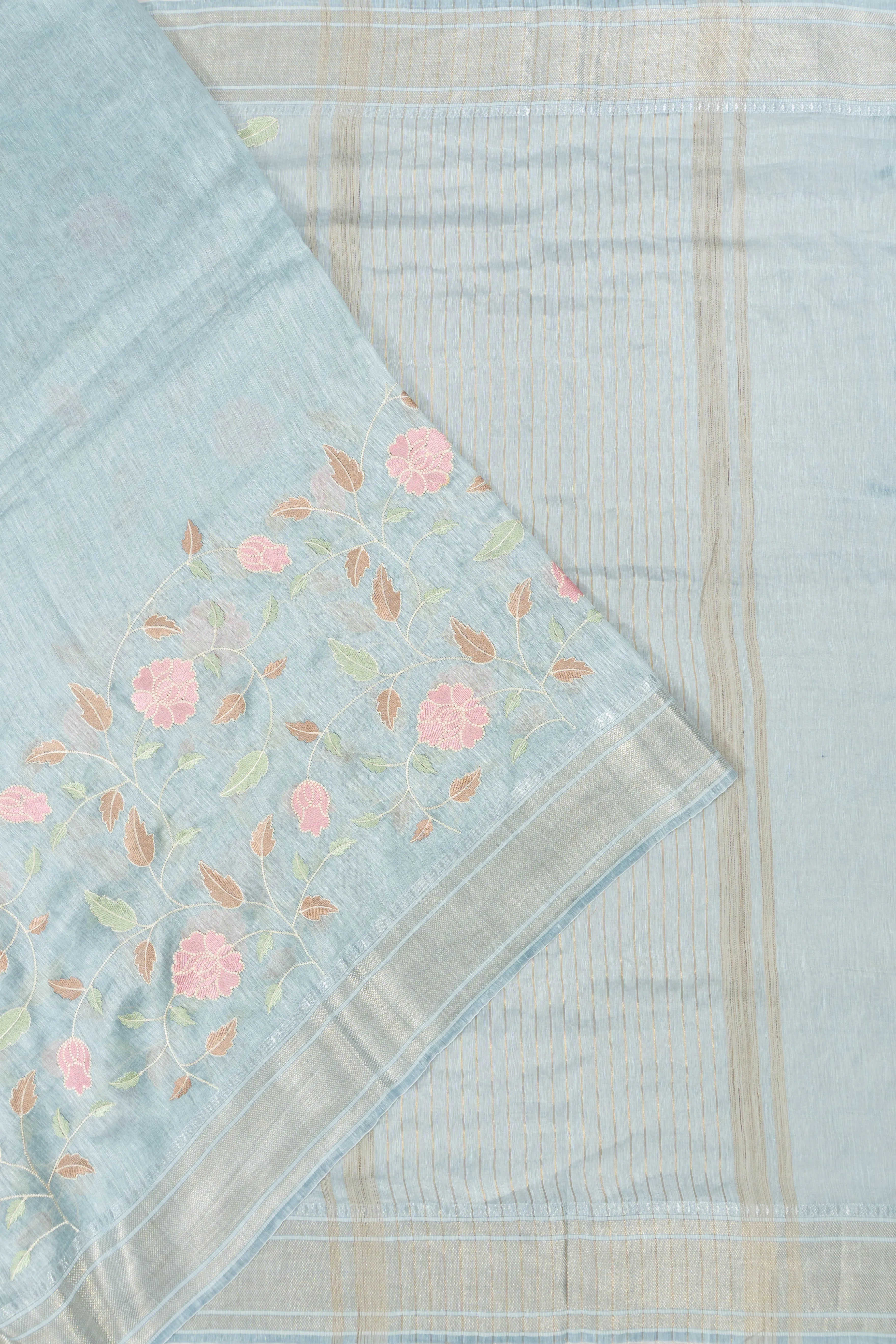 Linen Embroidery Jaal Pastel Blue Saree