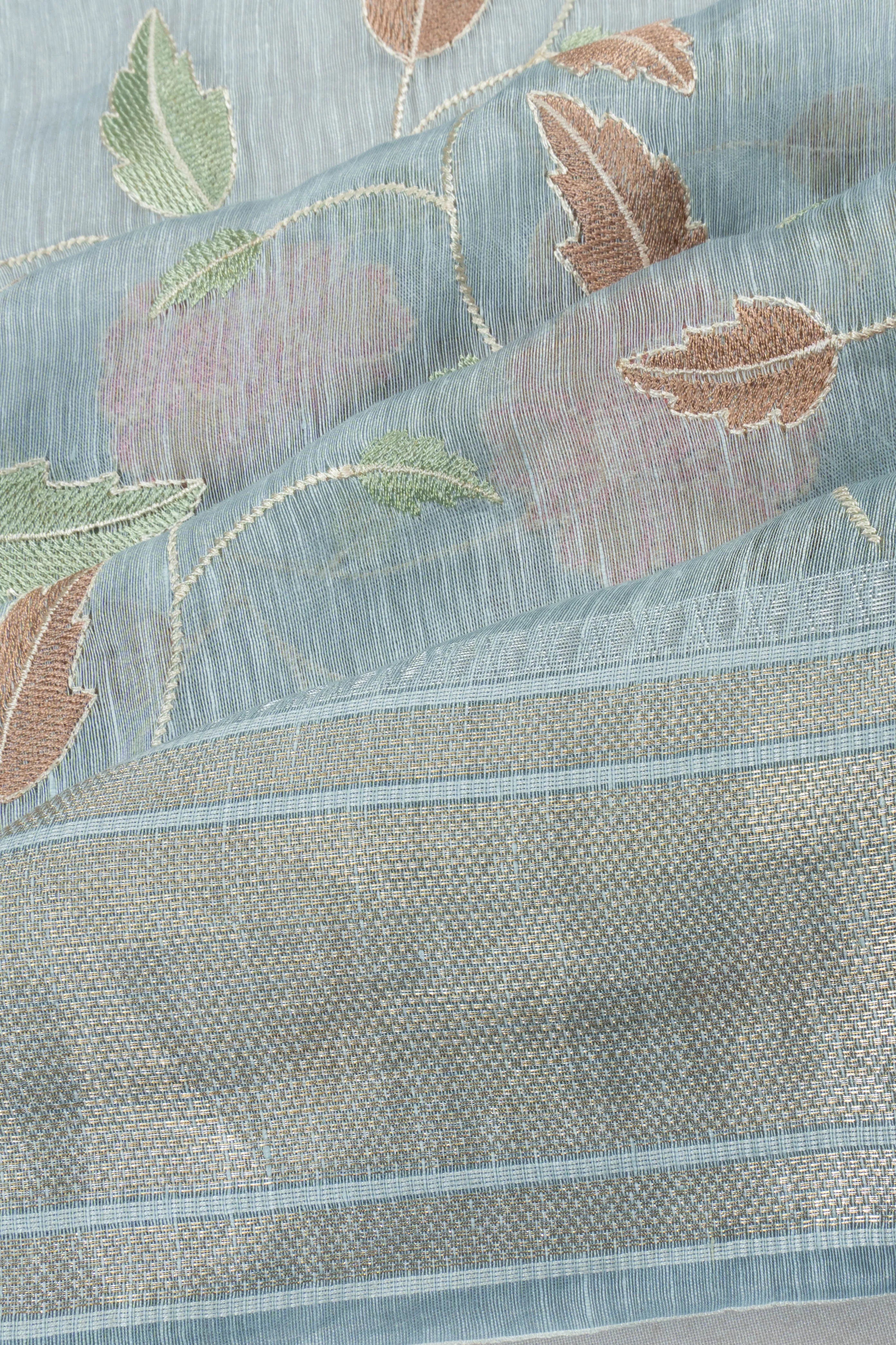 Linen Embroidery Jaal Pastel Blue Saree