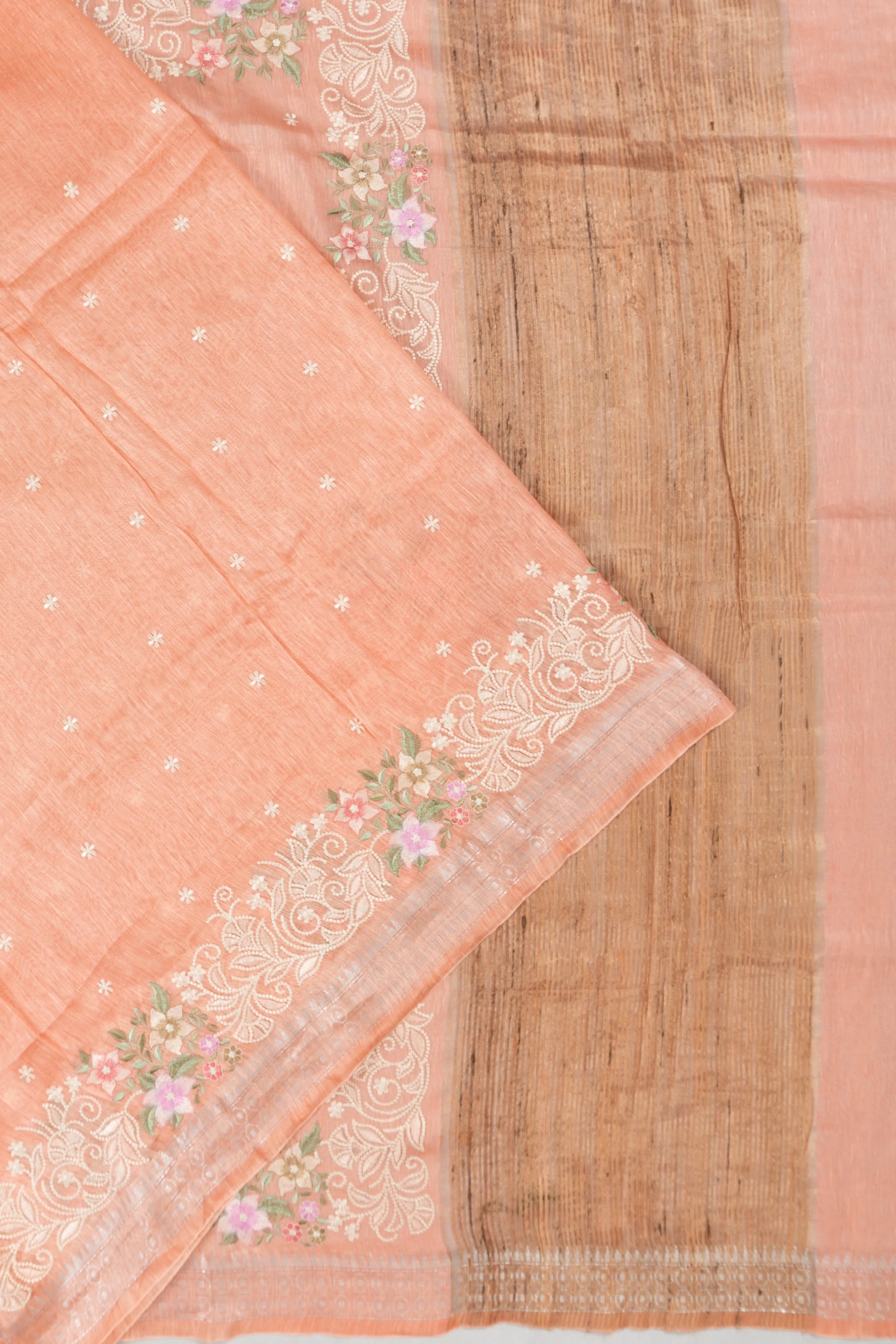 Linen Embroidery Butta Pastel Orange Saree