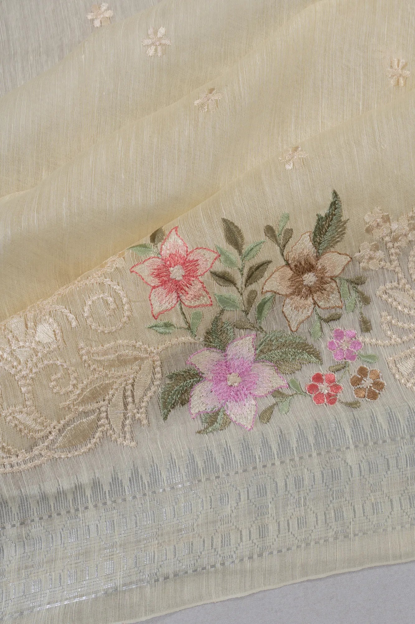 Linen Embroidery Butta Cream Saree