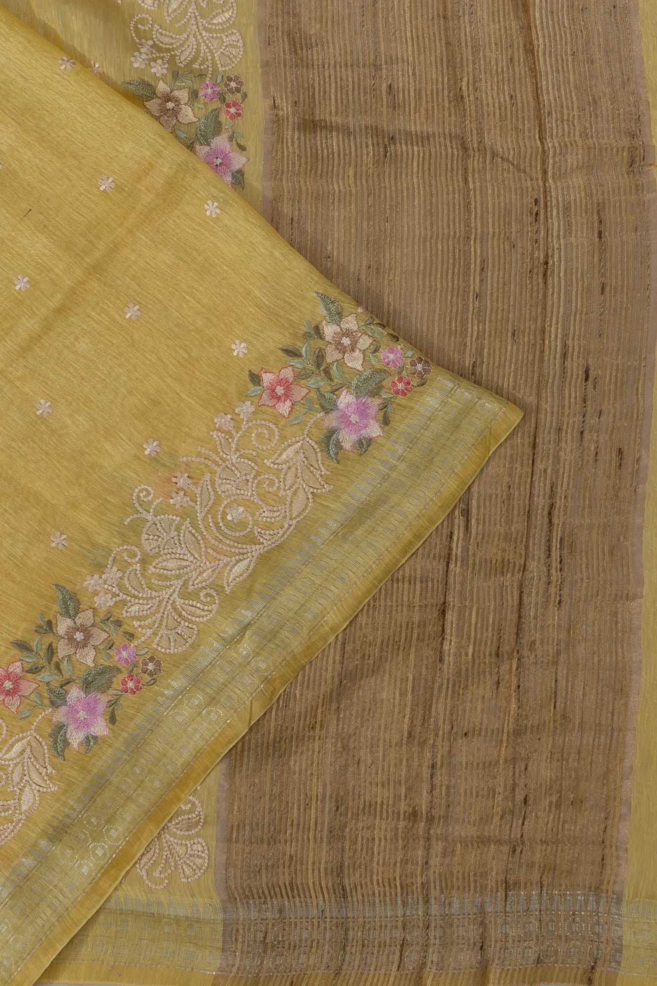 Linen Embroidery Butta Yellow Saree