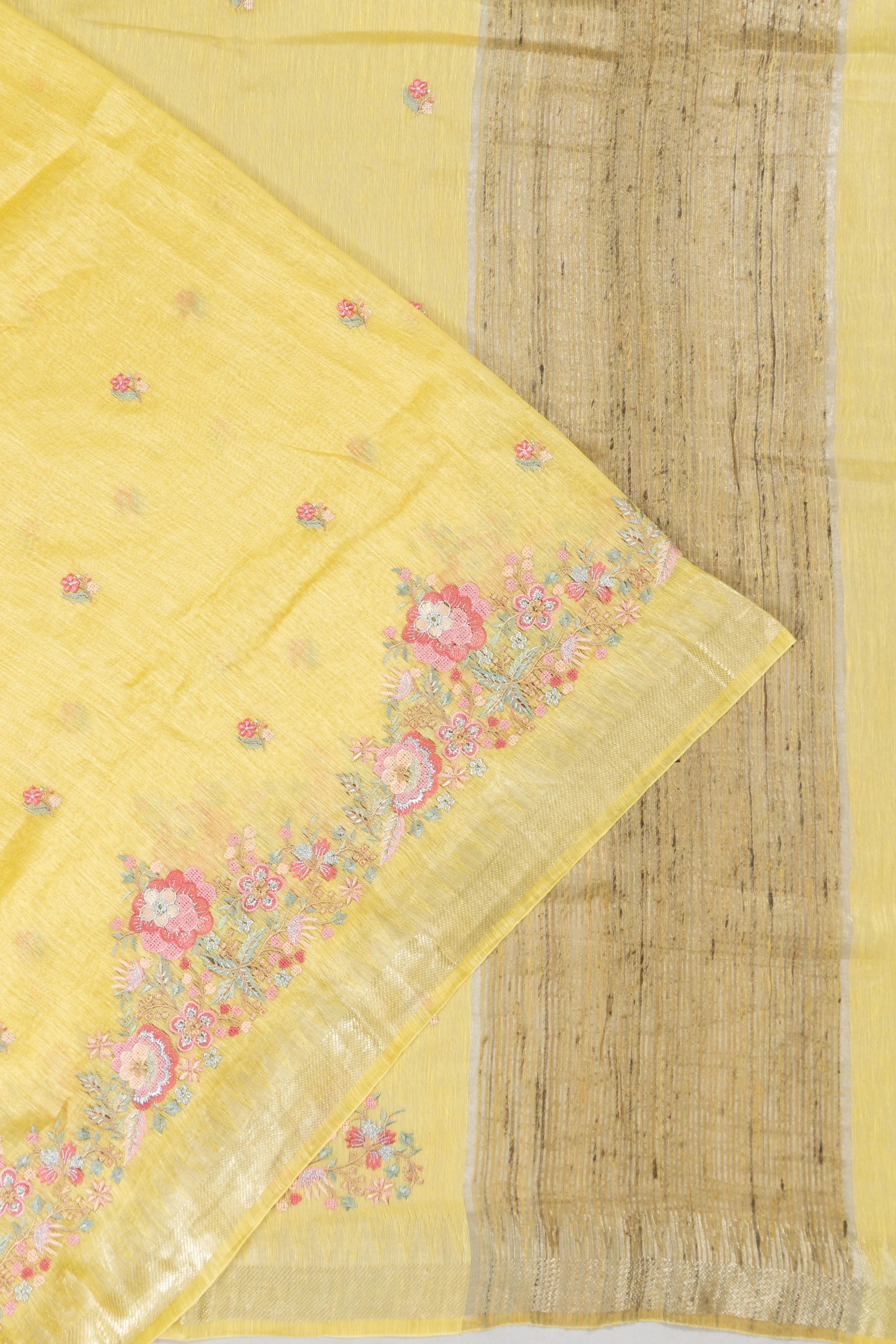 Linen Embroidery Butta Yellow Saree