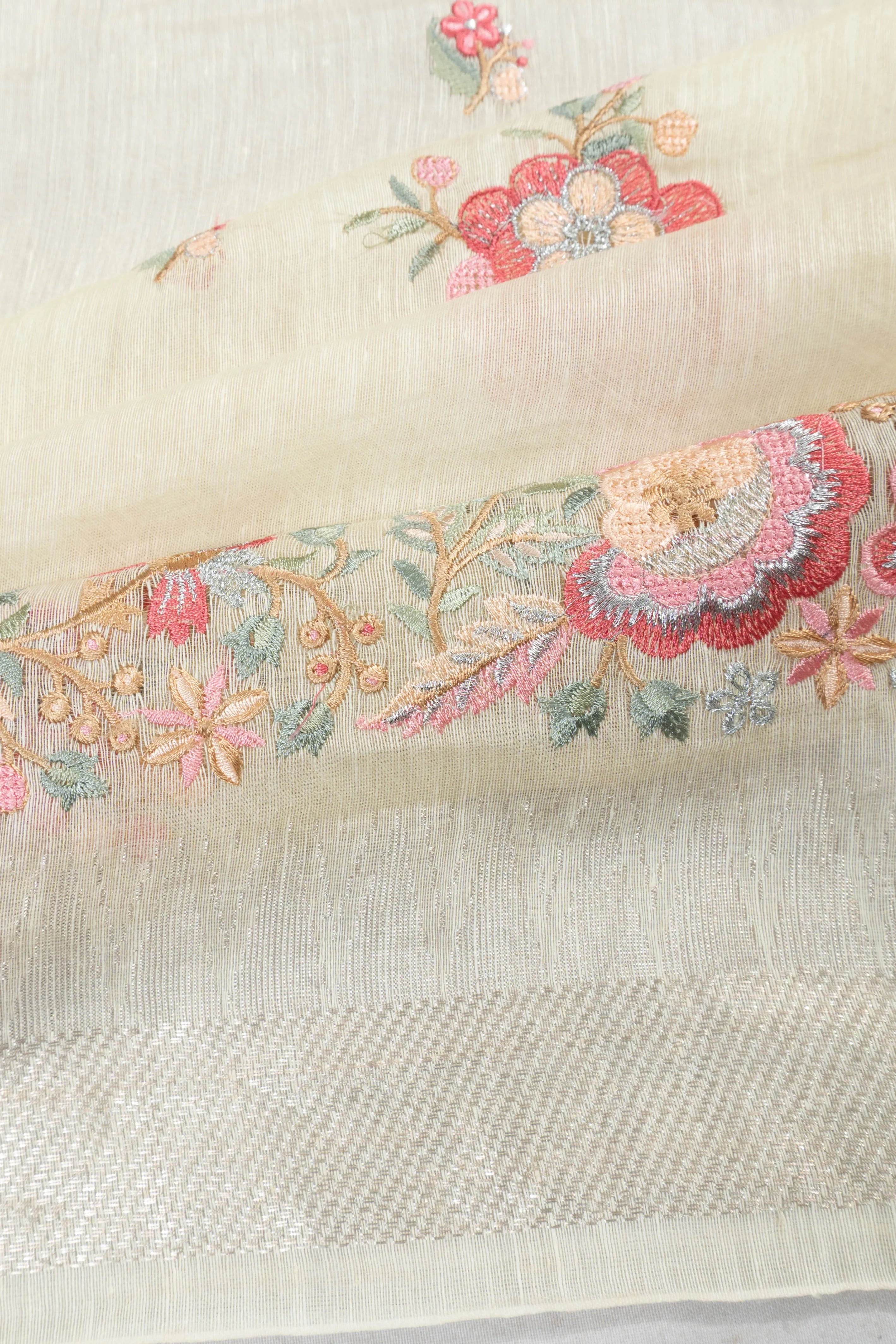 Linen Embroidery Butta Off White Saree