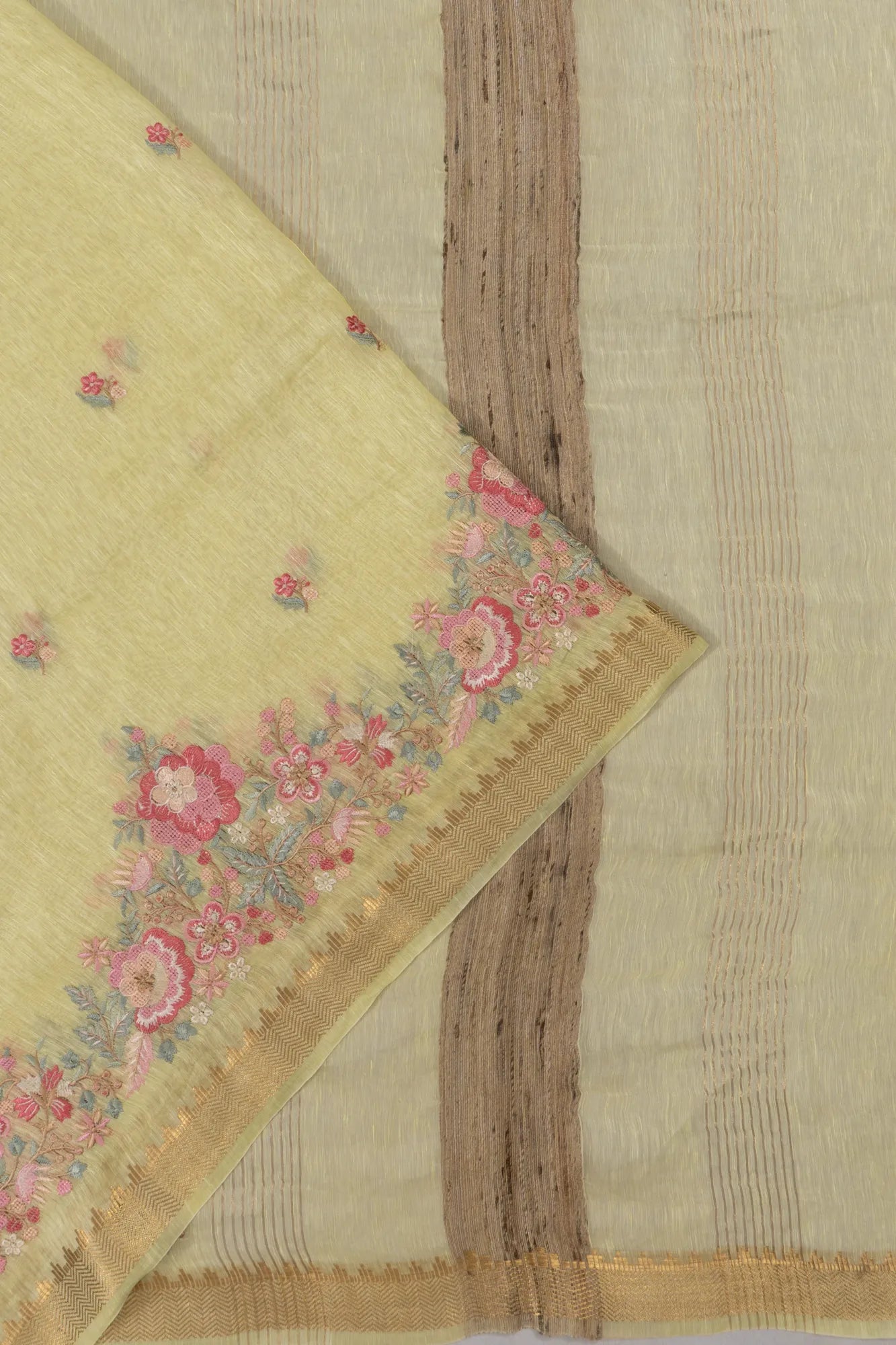 Linen Embroidery Butta Pale Yellow Saree