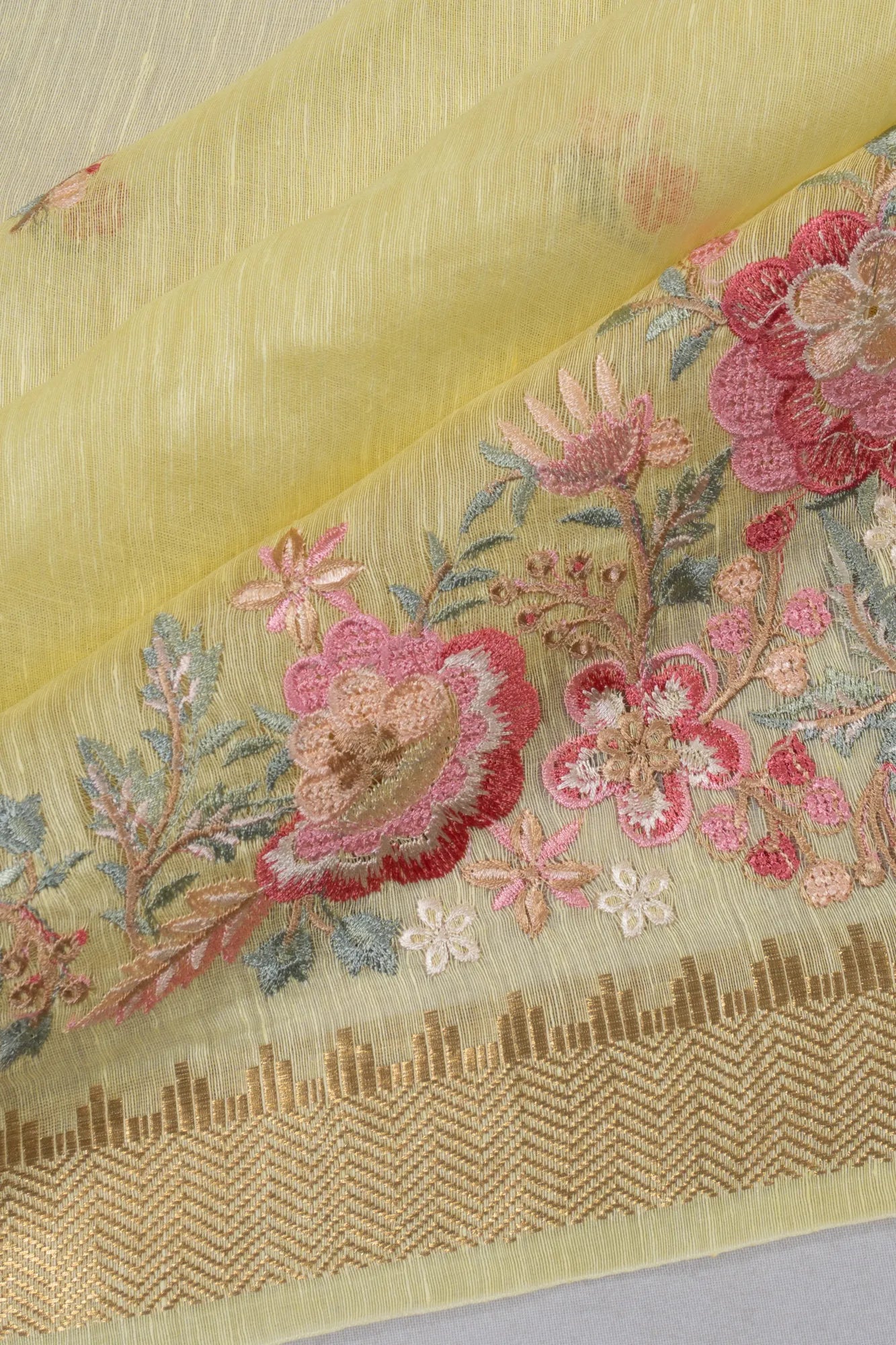 Linen Embroidery Butta Pale Yellow Saree