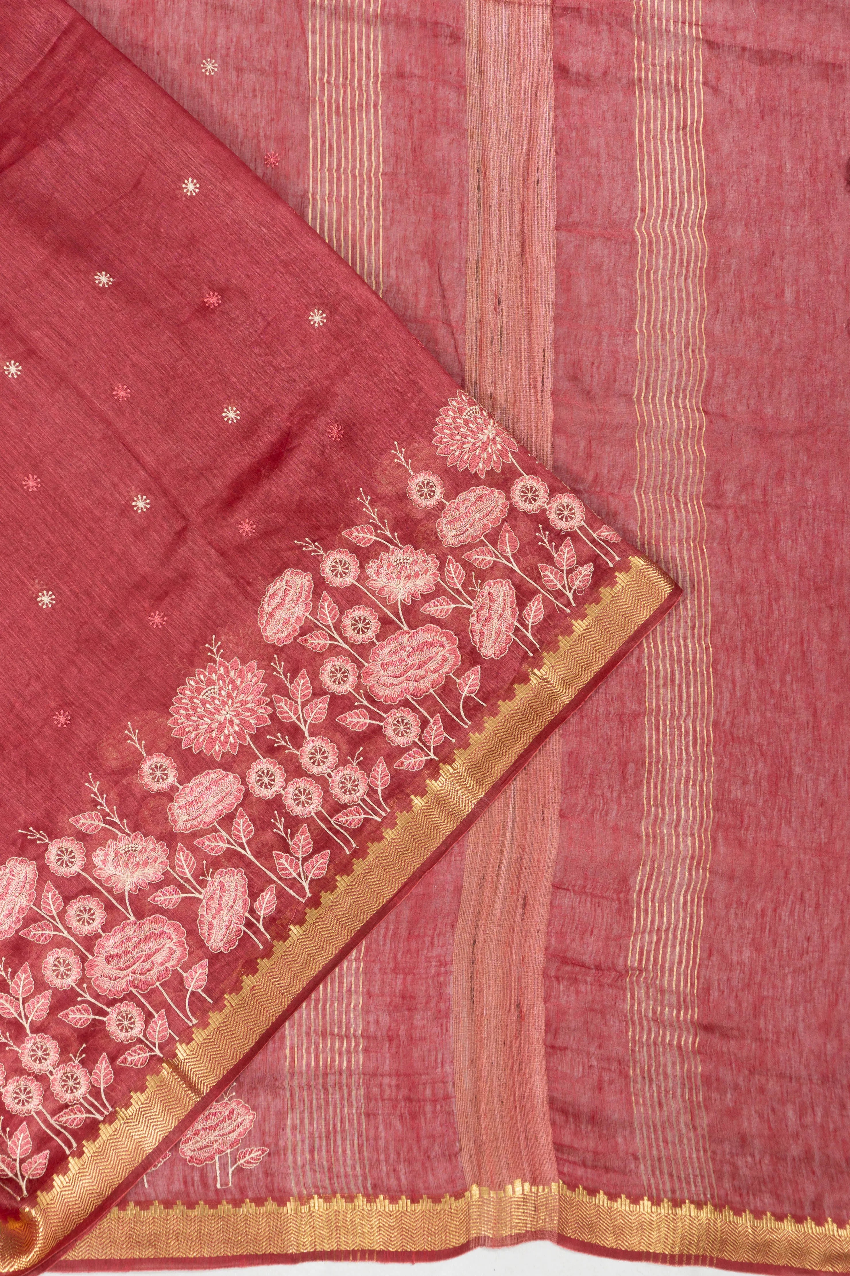 Linen Embroidery Butta Brick Red Saree